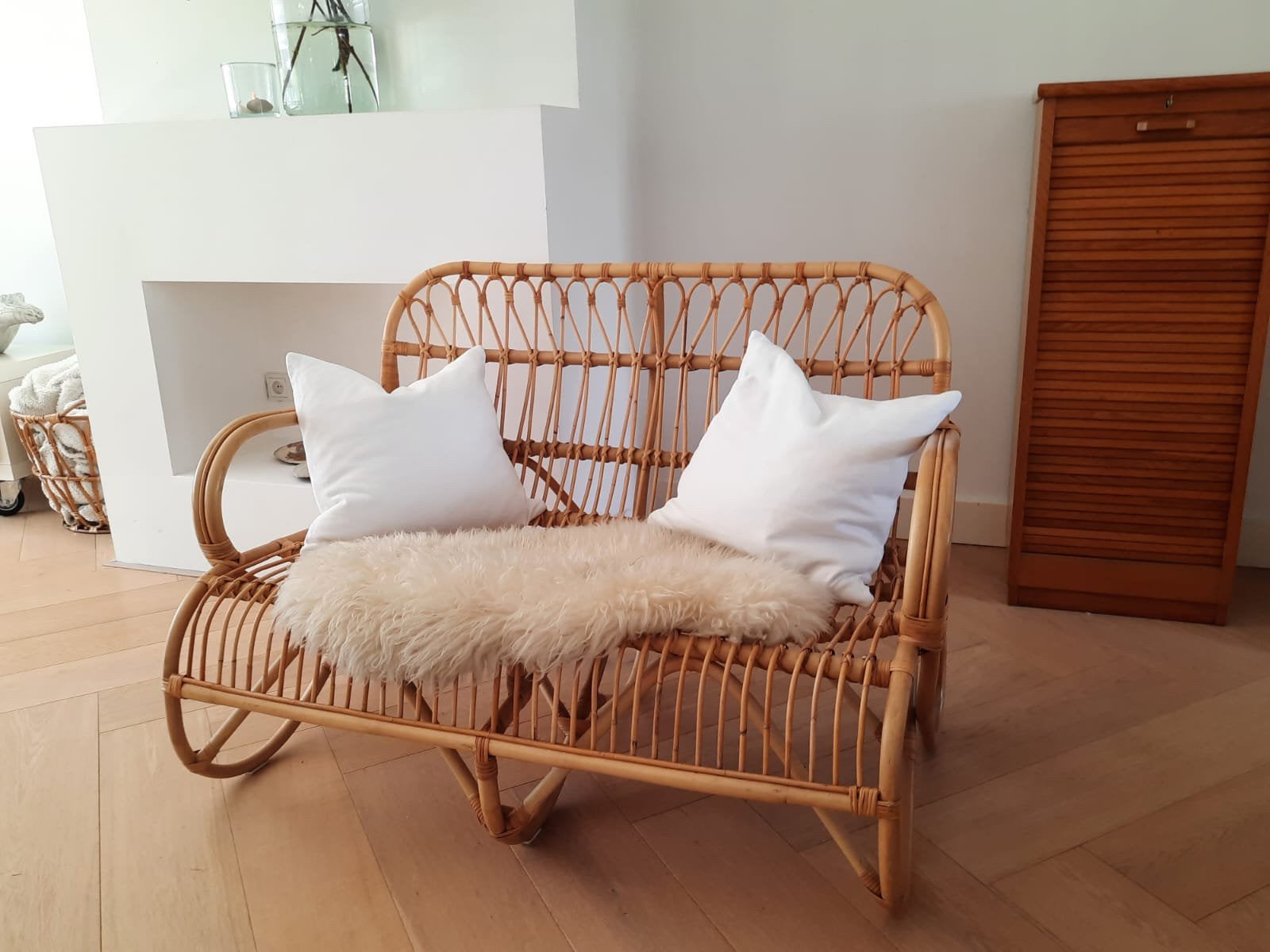 Vintage rotan bankje - trouwbankje, Ophalen, Zo goed als nieuw, Rotan