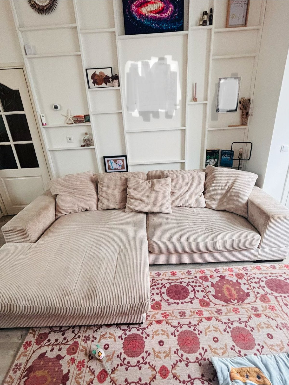 Beige Ribcord Hoekbank met Chaise Longue, Ophalen, 250 tot 300 cm, Hoekbank, Zo goed als nieuw