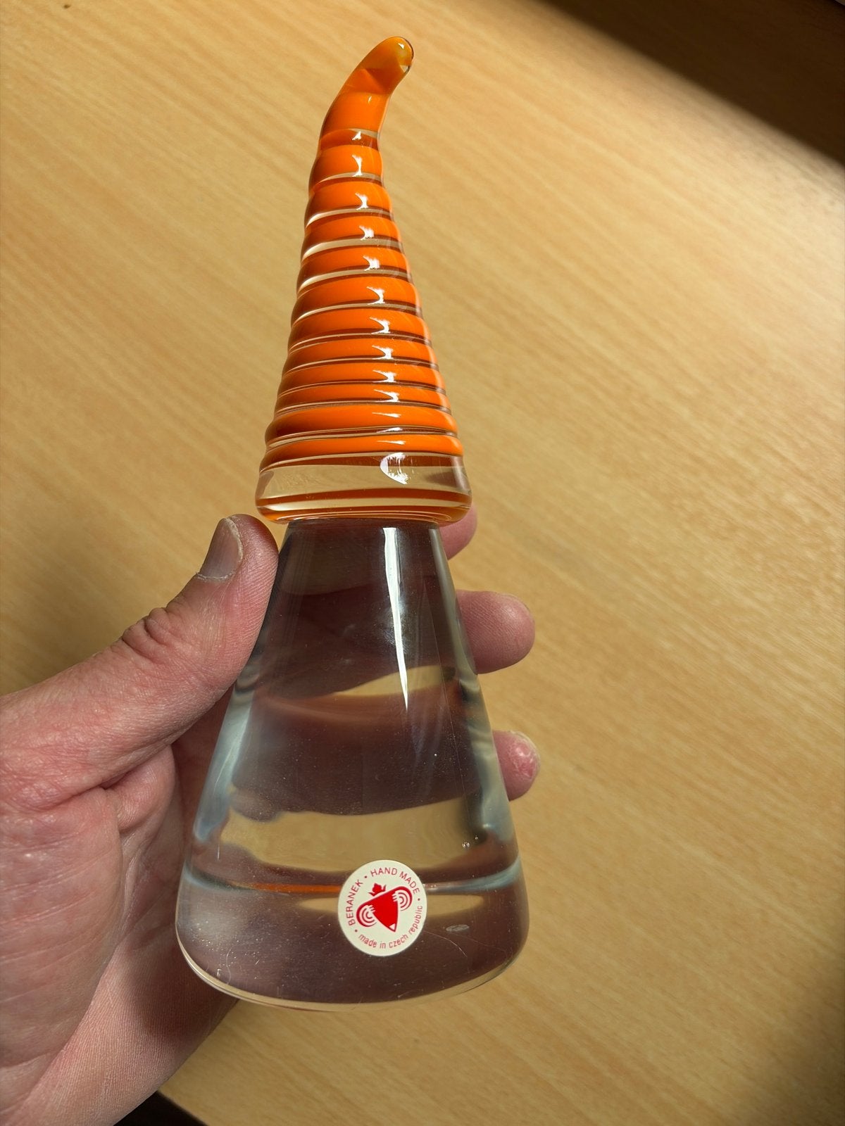 Beranek handgemaakte glazen kabouter met oranje hoed, Ophalen of Verzenden