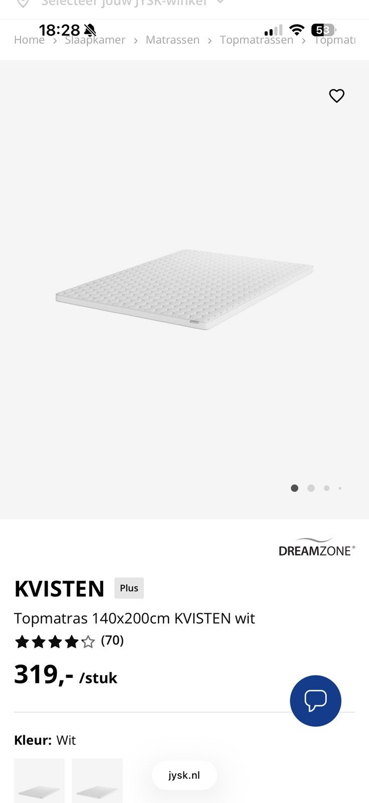 Dreamzone topmatras 140x200 Jysk, Ophalen, Zo goed als nieuw, Tweepersoons, 140 cm