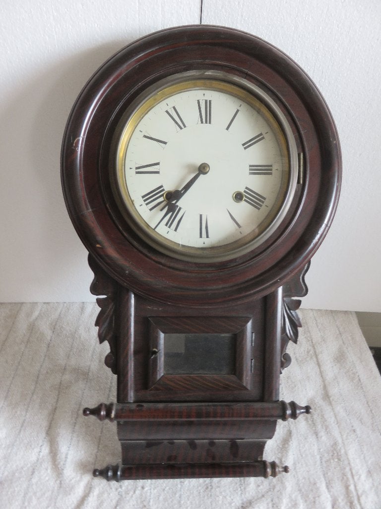 Houten hang school klok met slingerwerk - 19e eeuw, Ophalen of Verzenden