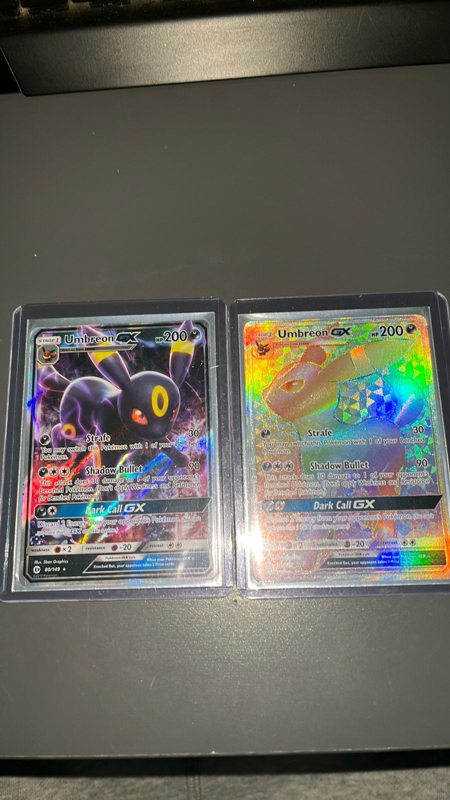 2 umbreon gx 1 rainbow, Ophalen of Verzenden, Gebruikt, Meerdere kaarten, Foil