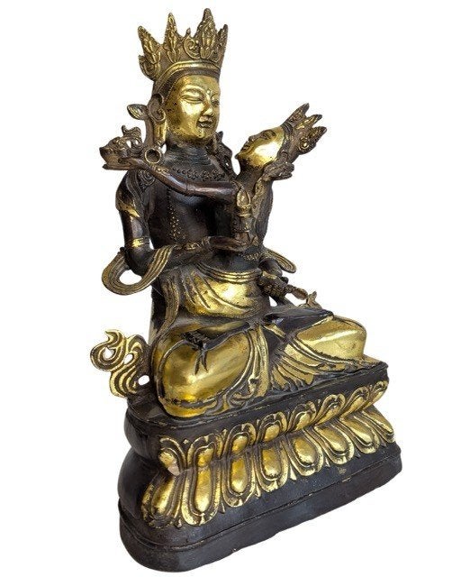 Oud bronzen Yab-Yum beeld – tantrisch boeddhisme, Gebruikt, 32 cm, Ophalen of Verzenden, Goud