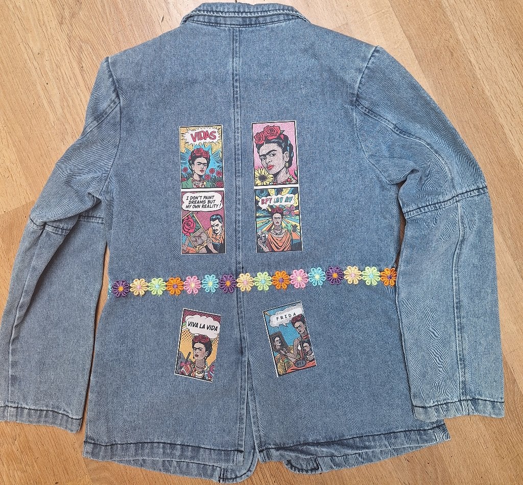 Frida Kahlo dames spijkerjasje, jeansjasje POP ART, RESTYLED, Ophalen of Verzenden, Nieuw, Maat 38/40 (M), Blauw
