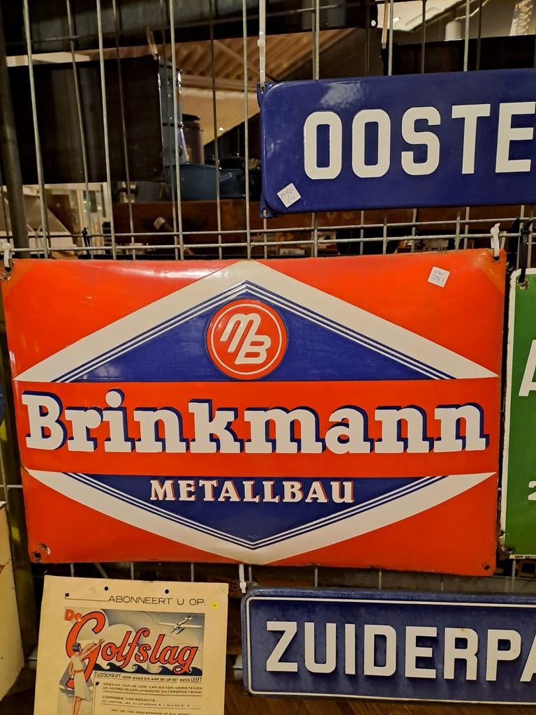 Mooi oud bol emaille reclamebord Brinkmann metaalbouw, Ophalen of Verzenden, Gebruikt, Reclamebord