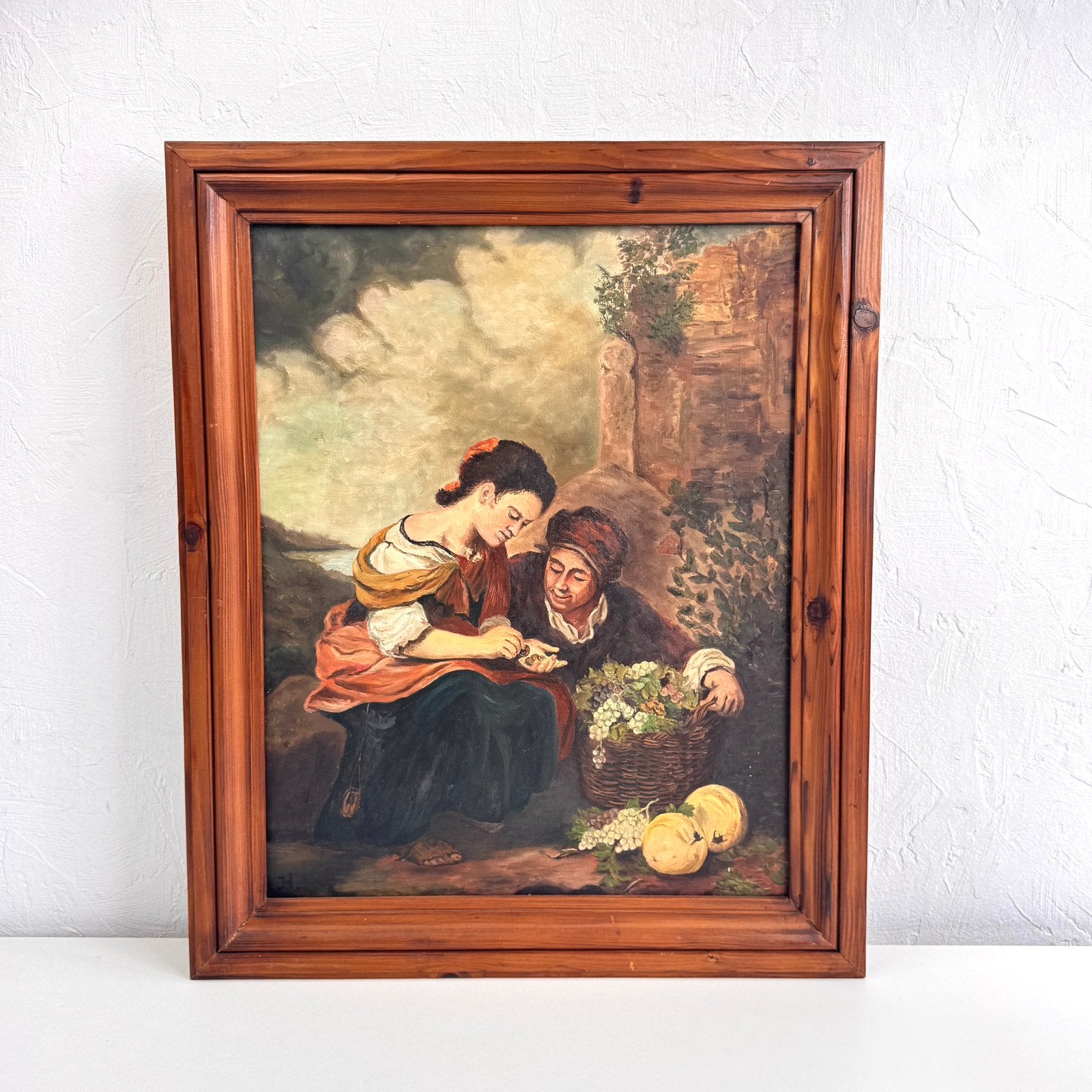 Vintage Schilderij met Houten Lijst- Landelijk Tafereel, Ophalen of Verzenden
