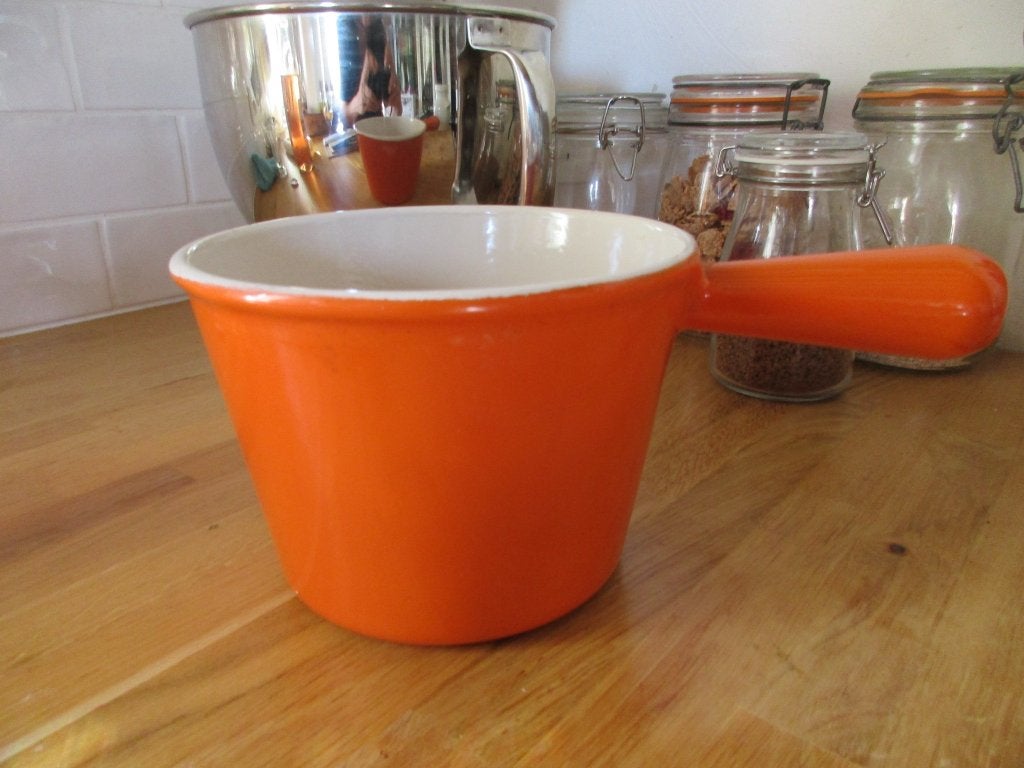 le Creuset fonduepan oranje *Marries*, Verzenden, Gebruikt, Gietijzer