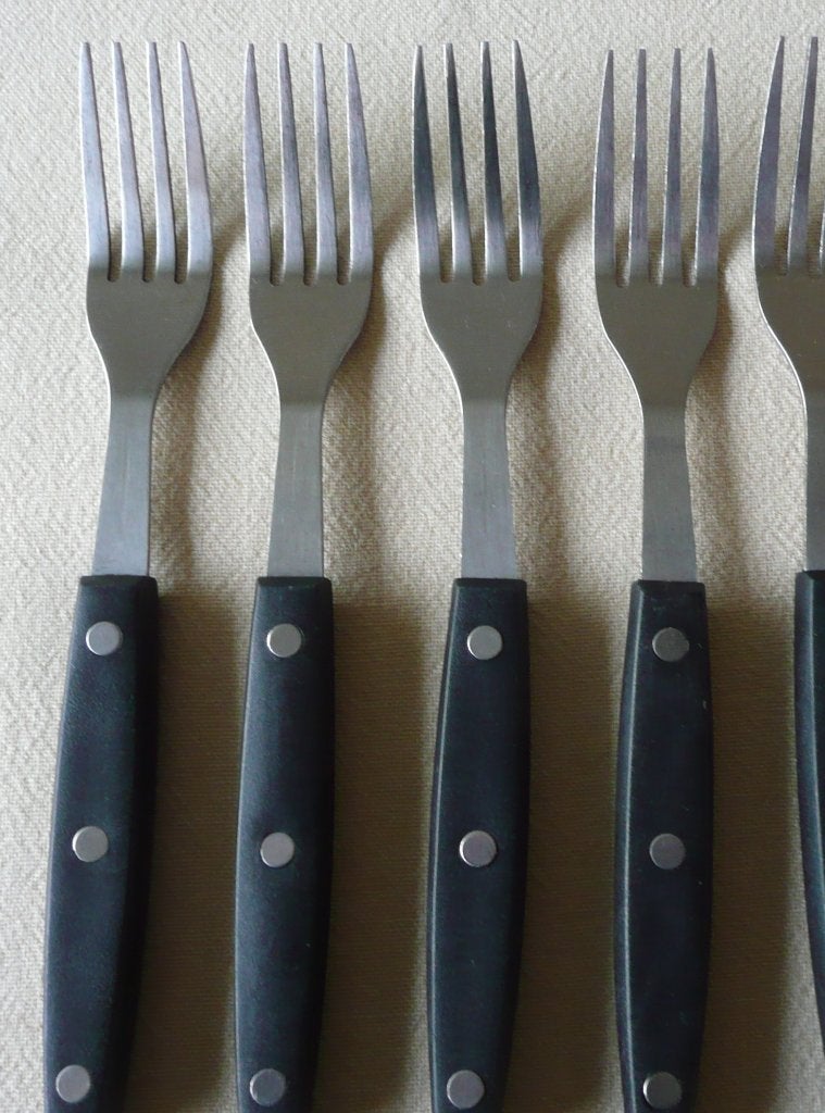 5 Bistro-vorken met zwart handvat, Huis en Inrichting, Keuken | Bestek, Ophalen of Verzenden, Gebruikt, Rvs of Chroom