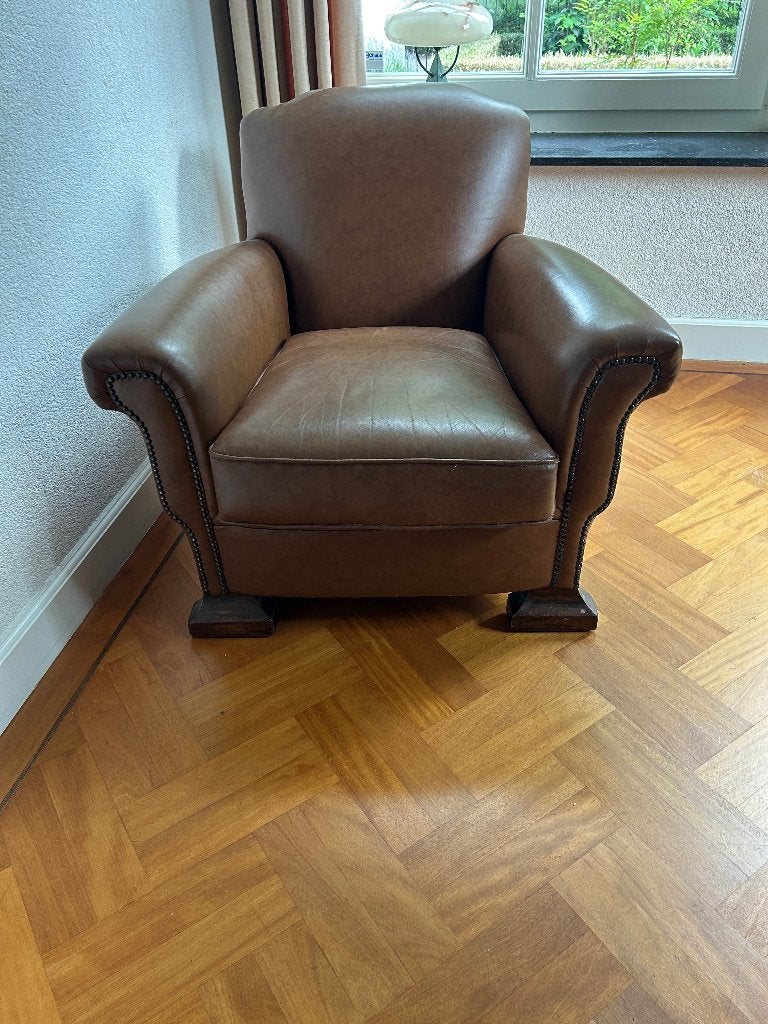 Leren fauteuil / clubstoel – bruin leer, Ophalen, Gebruikt, Leer, 50 tot 75 cm