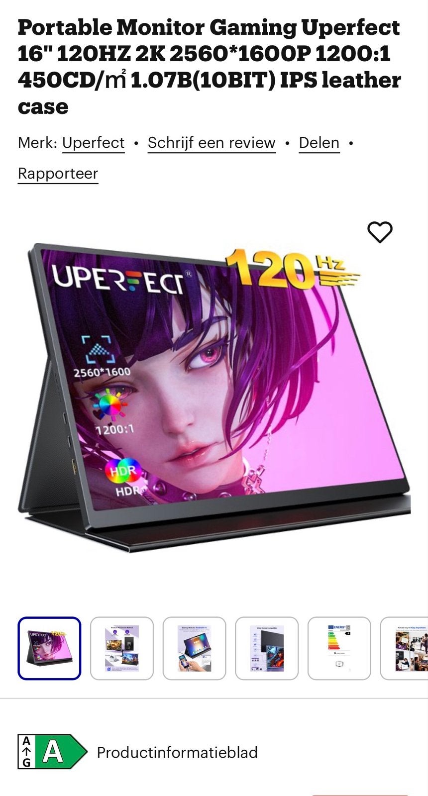 Uperfect 16" 120Hz 2K Draagbare Monitor USB-C/mini-HDMI, Computers en Software, Gaming, HDMI, IPS, Verzenden