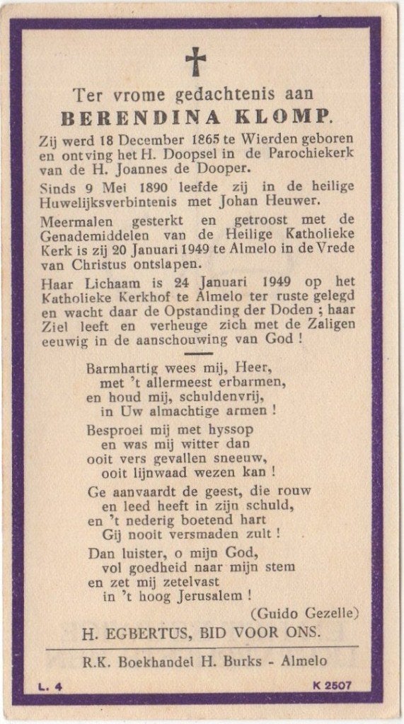 Berendina Klomp 1865 Wierden + 1949 Almelo, 83 jaar oud, Verzamelen, Bidprentjes en Rouwkaarten, Verzenden