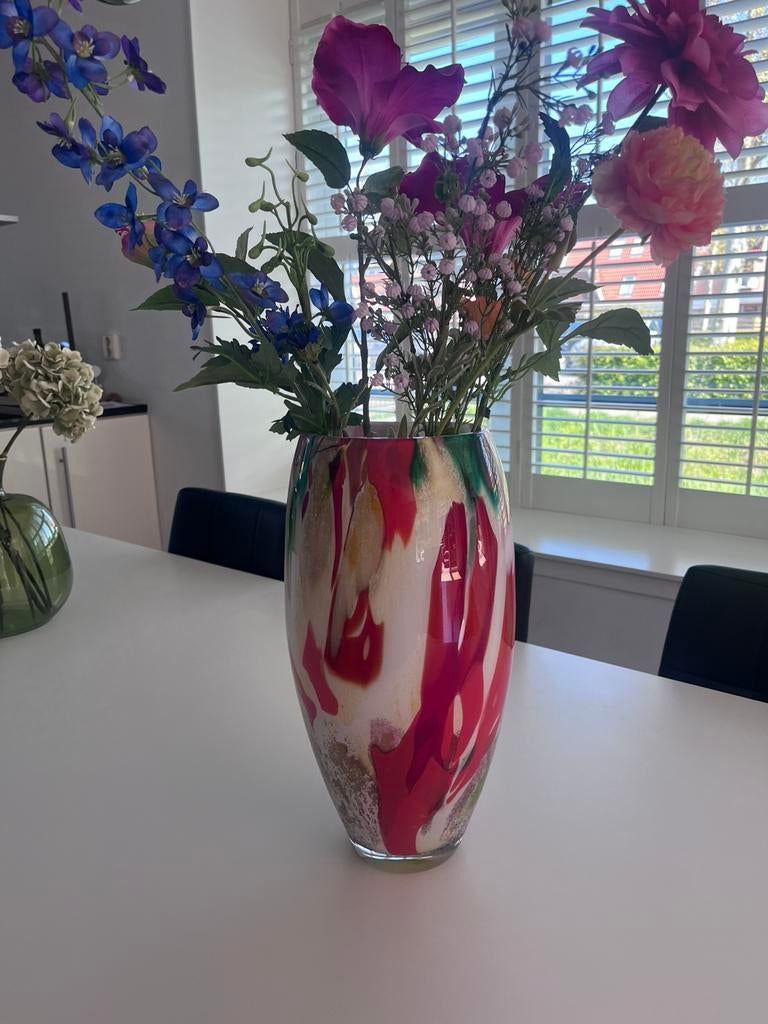 Glazen vaas incl kunststof bloemen 40 cm, Ophalen, Overige kleuren, Minder dan 50 cm, Glas