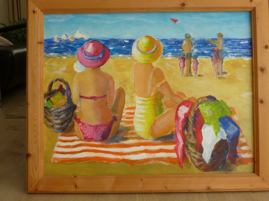 "Strand scène met twee dames" - Kleurrijk modern schilderij, Ophalen, Handgeschilderd, Acrylverf, Figuren