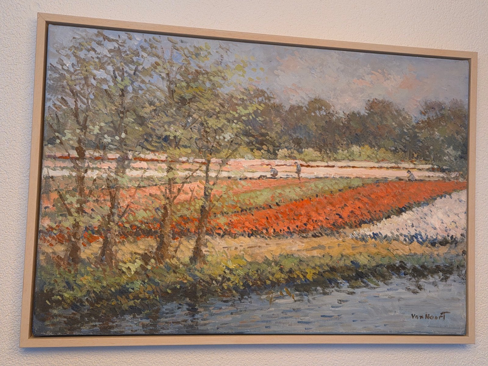 Arie Cees van Noort (1914–2003) – Personen in Bollenveld, Antiek en Kunst, Ophalen of Verzenden, Gedateerd, Landschap, Doek