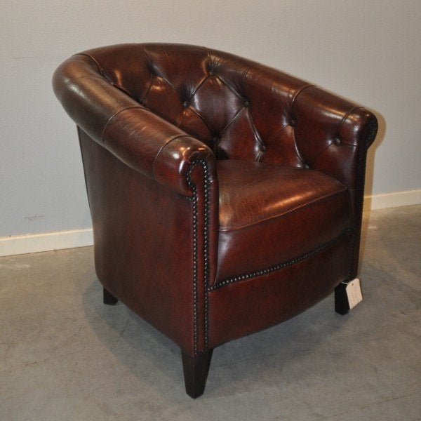 Nieuwe gecapitonneerde schapenleren fauteuil, Ophalen of Verzenden