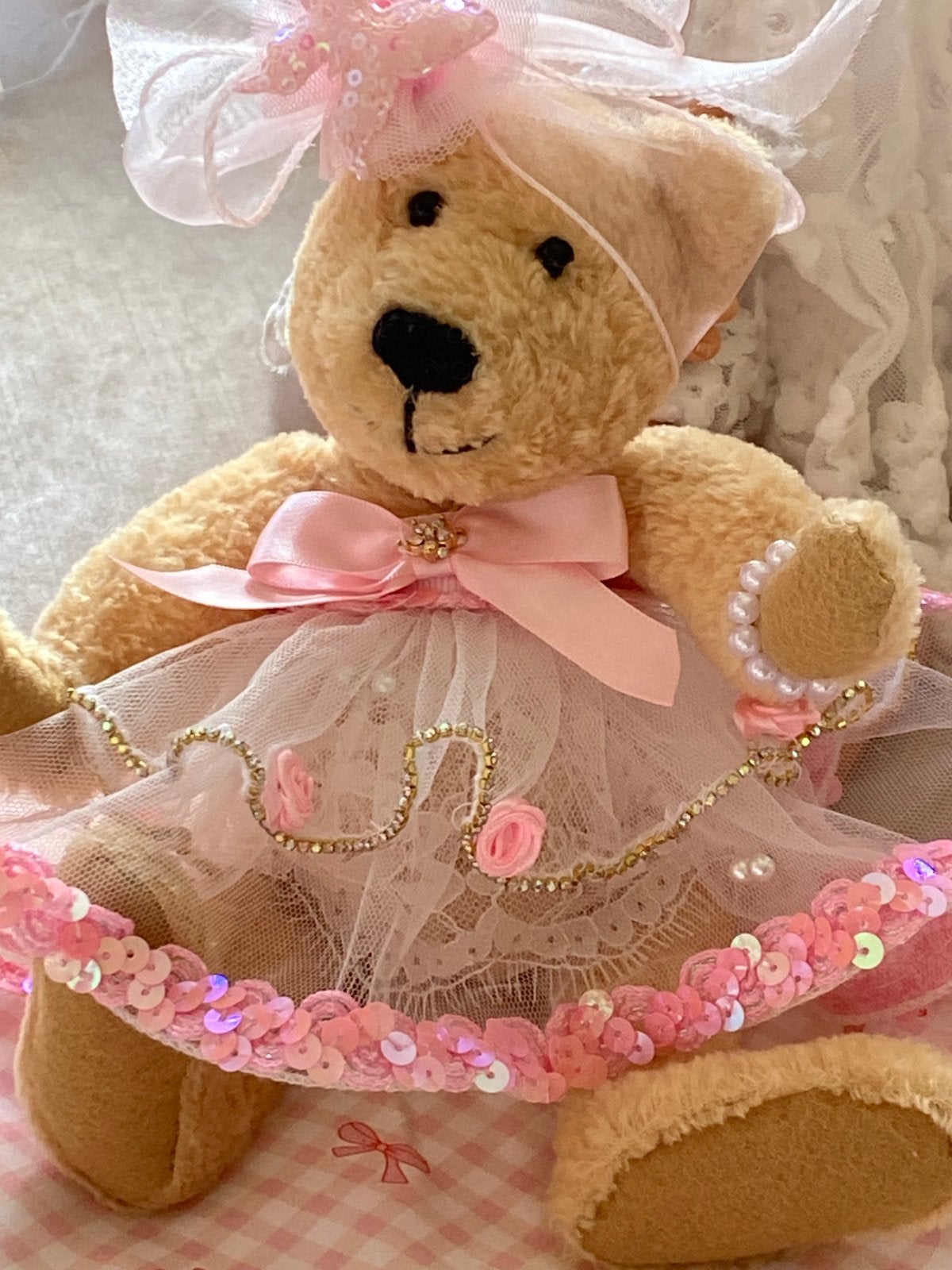 Beertje Pink Lady v Sunkid handgemaakte jurk, Verzamelen, Beren en Cherished Teddies, Verzenden, Zo goed als nieuw, Stoffen beer