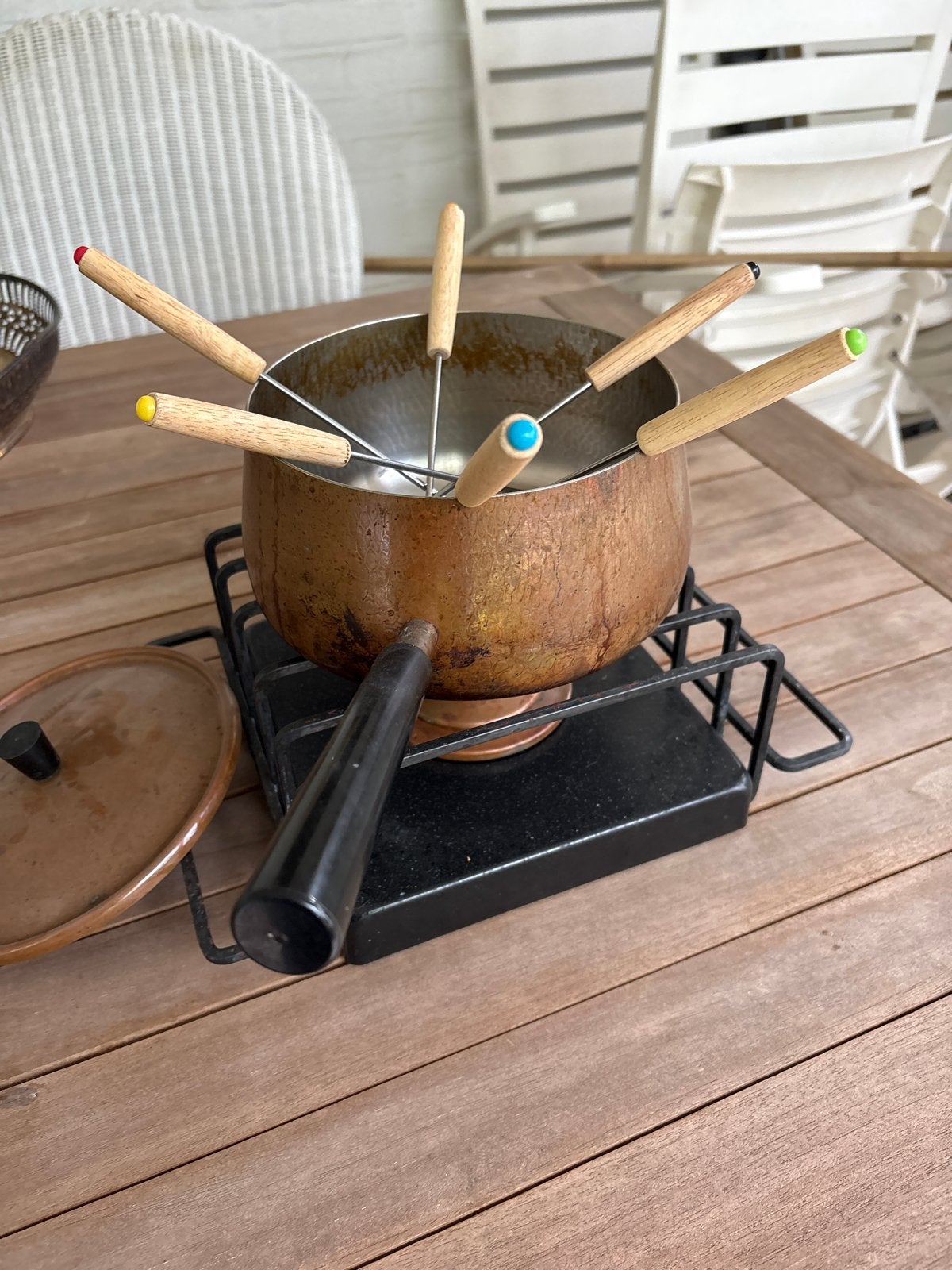 Koperen fondueset met spiritusbrander en 6 vorkjes, Witgoed en Apparatuur, Fonduesets, Ophalen, Gebruikt, Brander, Fondueset