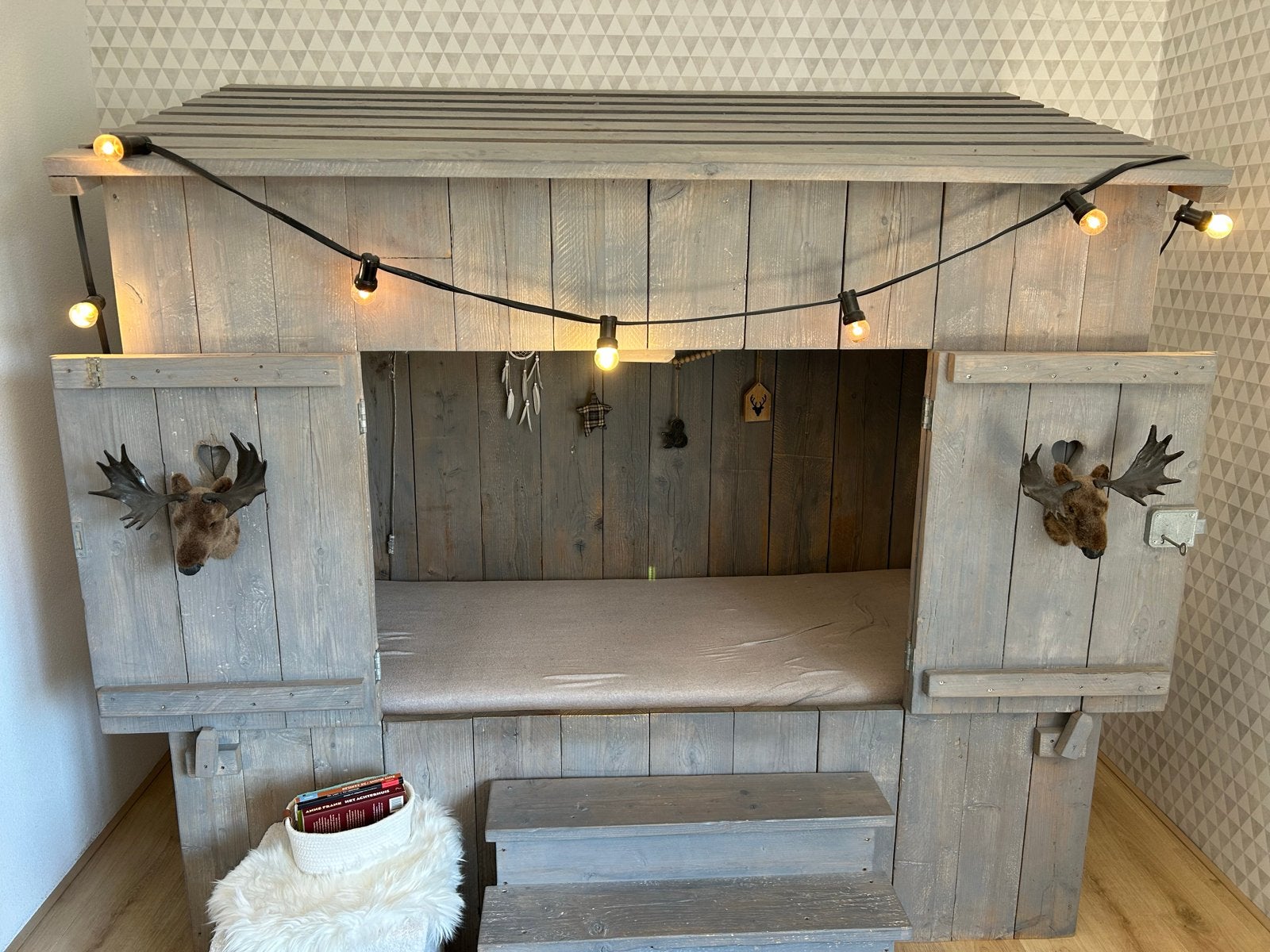 Bedstee Steigerhout Grijs met Kledingkast - Compleet Set, Ophalen, Gebruikt, 70 tot 85 cm, Hoogslaper of Stapelbed