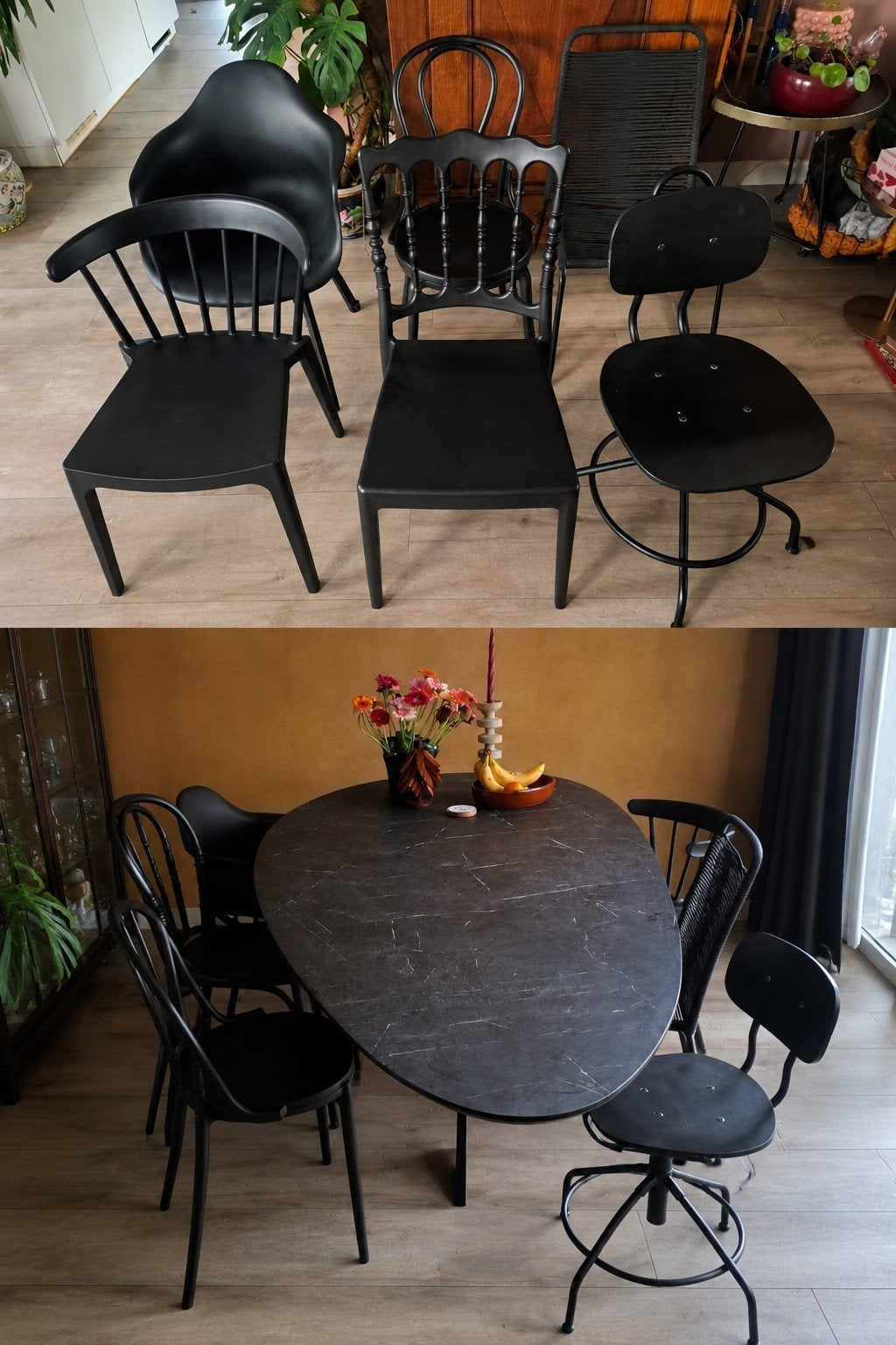 6 zwarte eetkamerstoelen – ons leuke allegaartje, Ophalen, Gebruikt, Industrieel vintage, Zwart