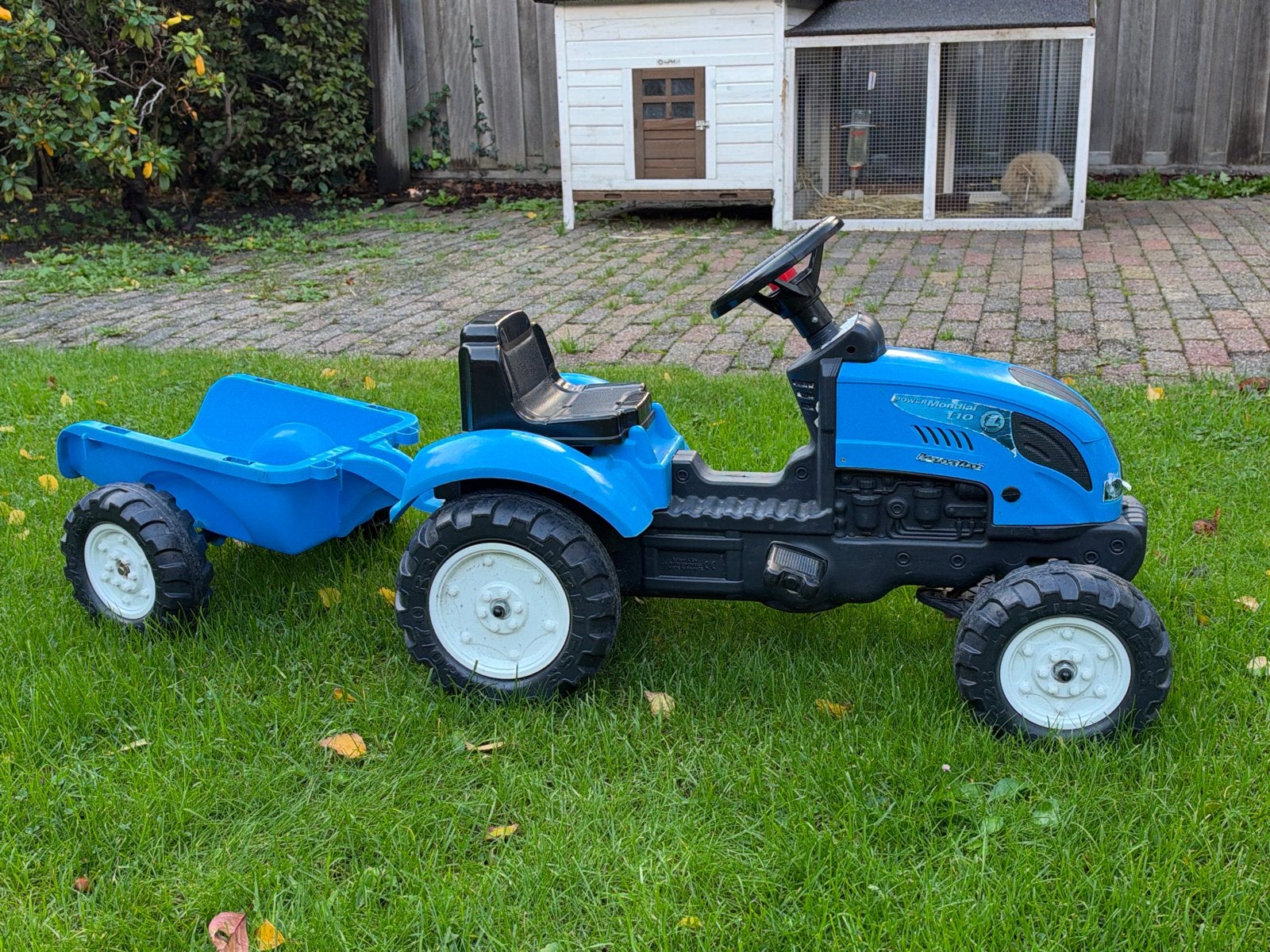 Blauwe traptractor met aanhanger, Ophalen, Gebruikt, Trapvoertuig