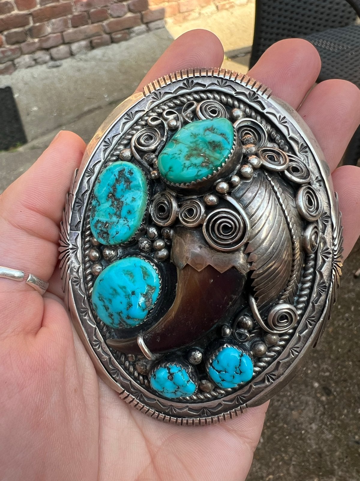 Navajo Sterling Zilveren Riemgesp met Berenklauw en Turkoois, Ophalen of Verzenden, Zo goed als nieuw