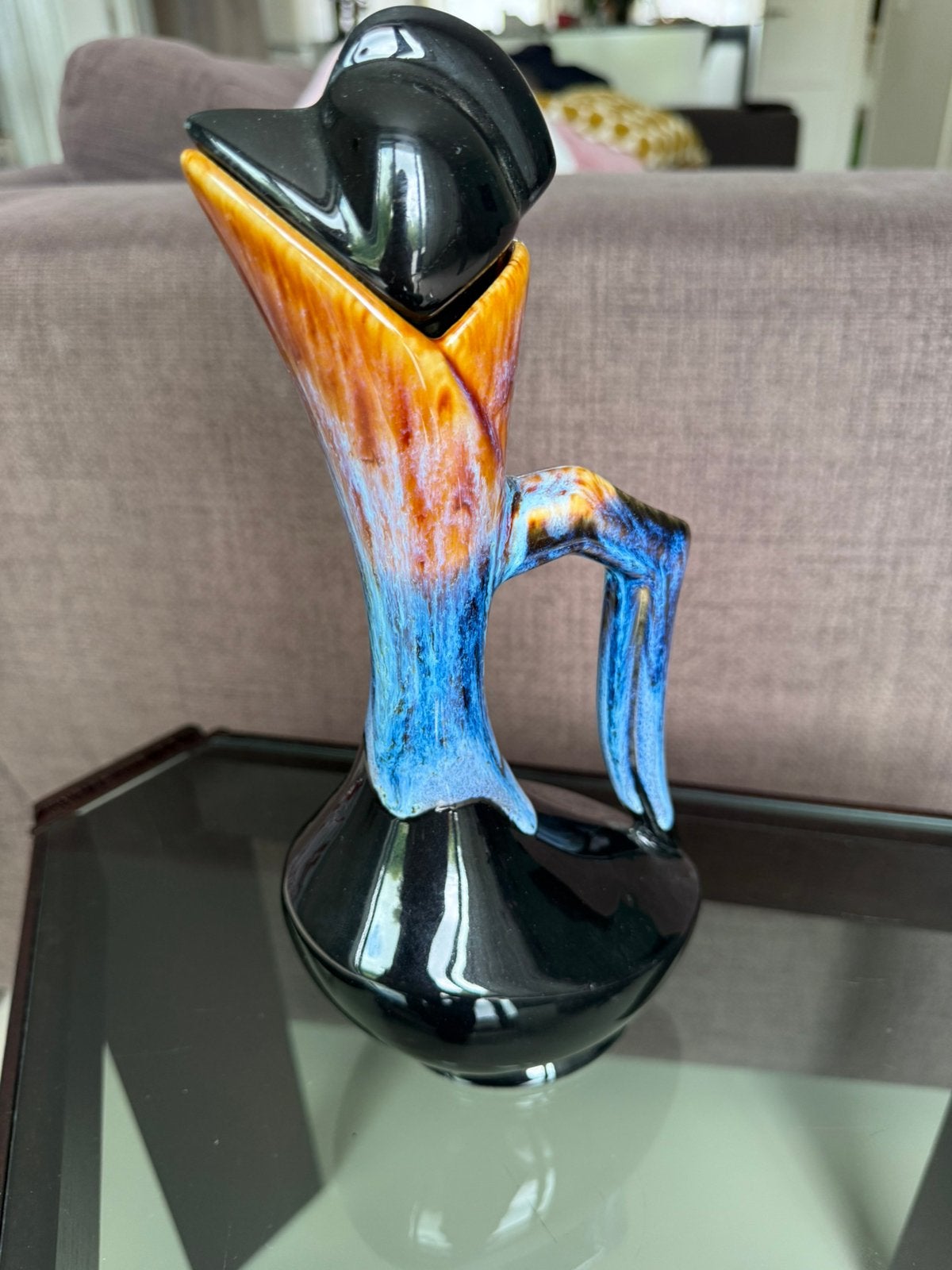 Sierlijke drip-glaze fat-lava sierkan in vorm van een kip, Antiek en Kunst, Antiek | Vazen, Ophalen of Verzenden