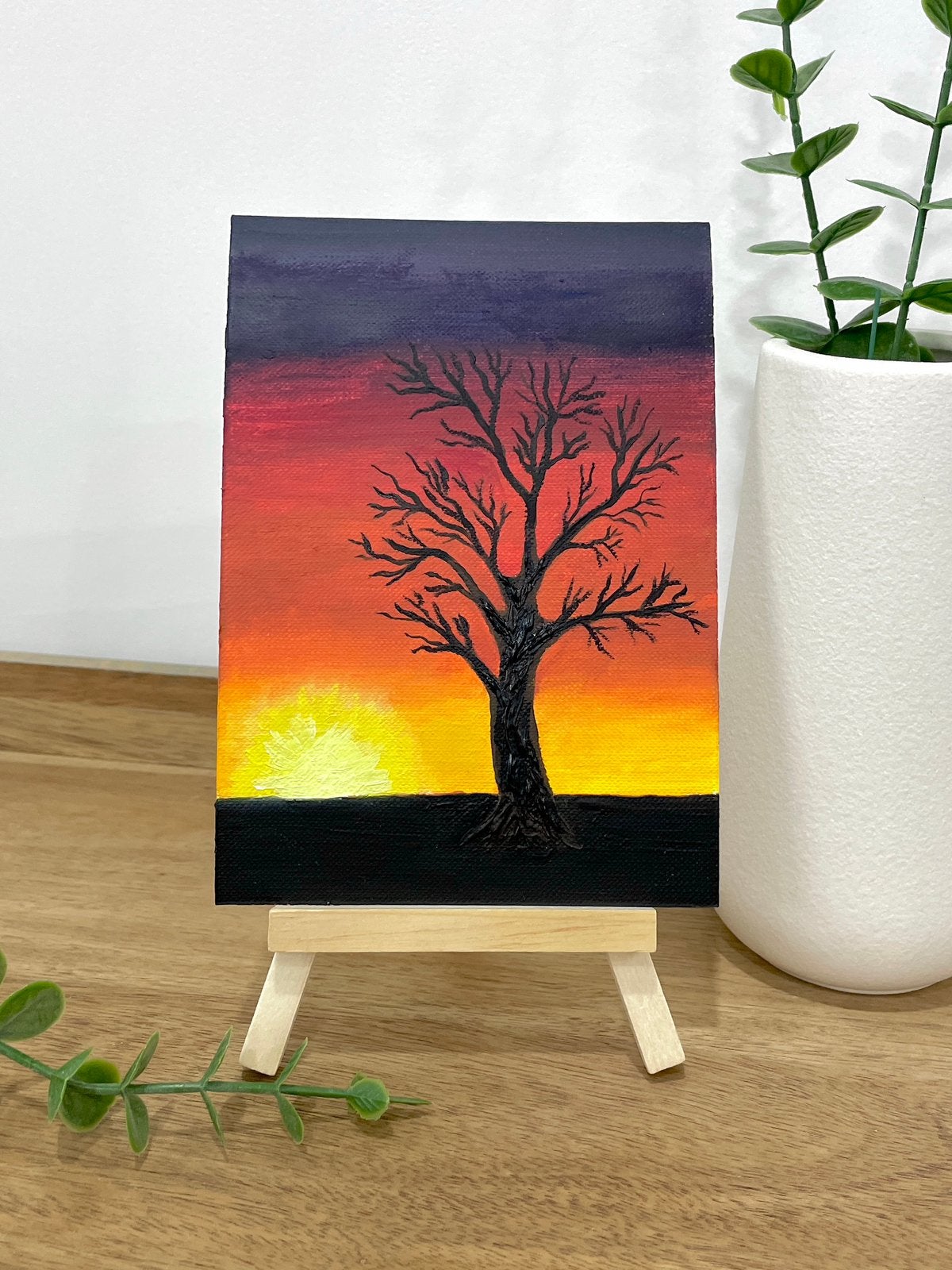 Miniature Oil Painting - Sunset Tree, Landschap, Olieverf, Handgeschilderd, Papier