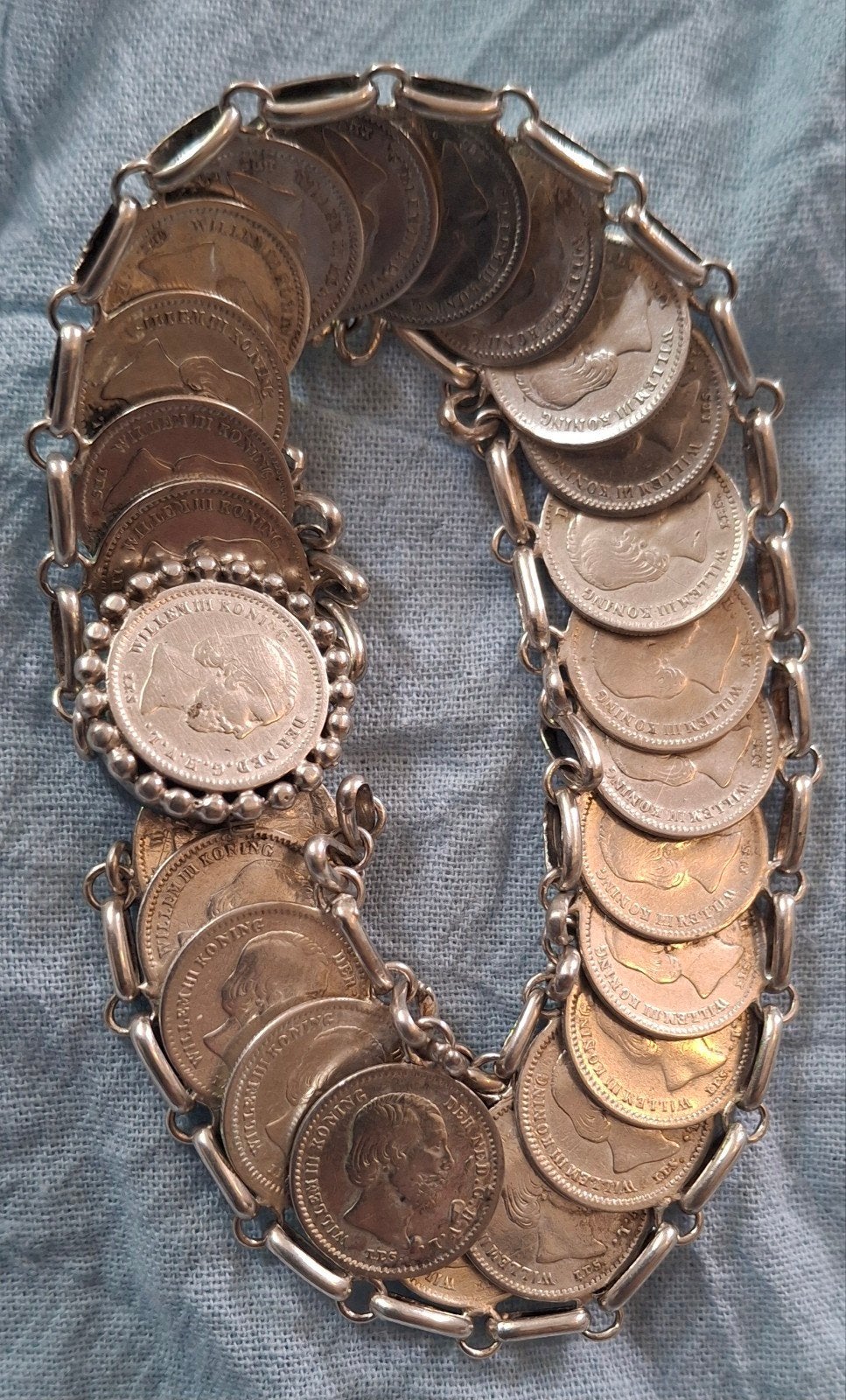 Vintage Zilveren Muntarmband met Koning Willem III Munten, Ophalen of Verzenden, Gebruikt, Zilver, Zilver