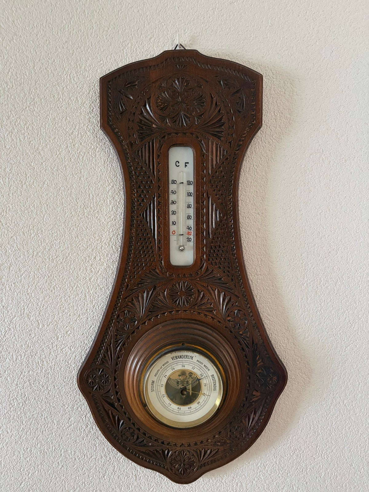 Antieke Barometer met Thermometer - Houtsnijwerk 58x28cm, Ophalen, Gebruikt, Barometer