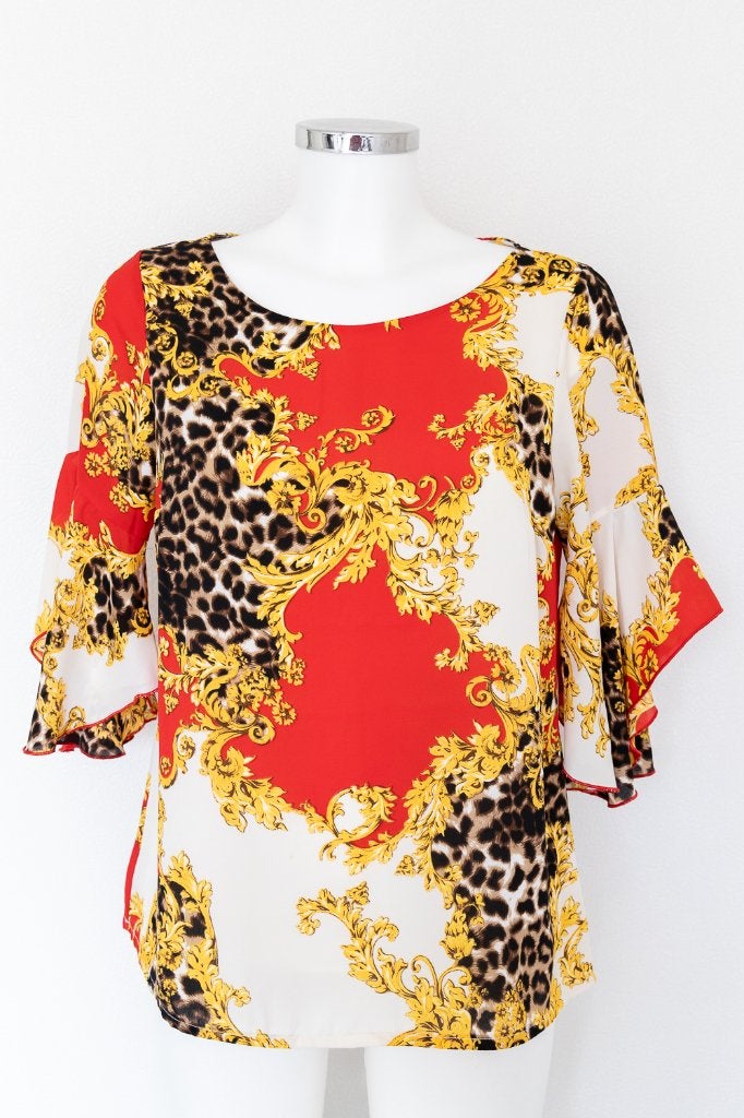 Top/Blouse met print in rood/wit/panter maat S, Ophalen of Verzenden, Zo goed als nieuw, Korte mouw, Maat 36 (S)