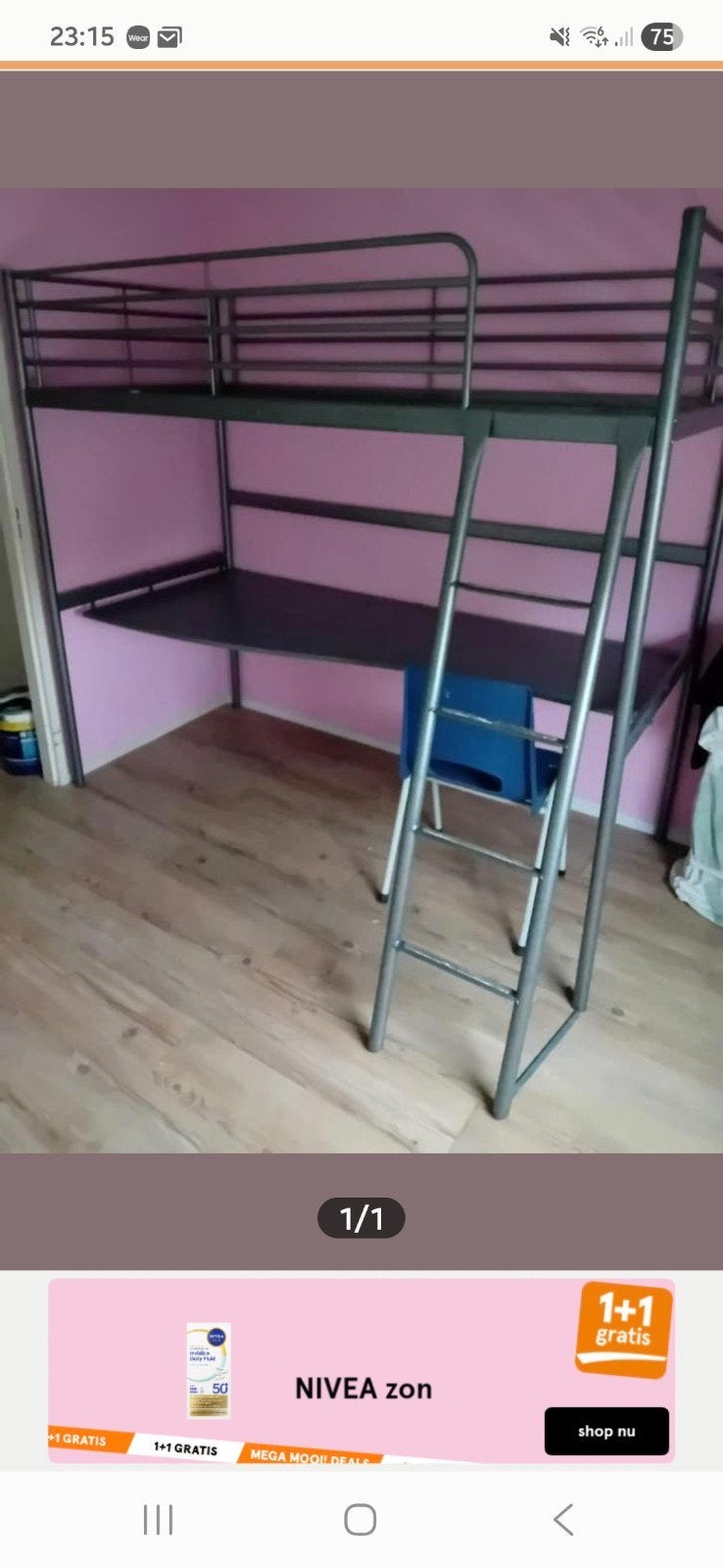Hoogslaper met bureau - Grijs metaal, Ophalen, Gebruikt, Eenpersoons, 200 cm