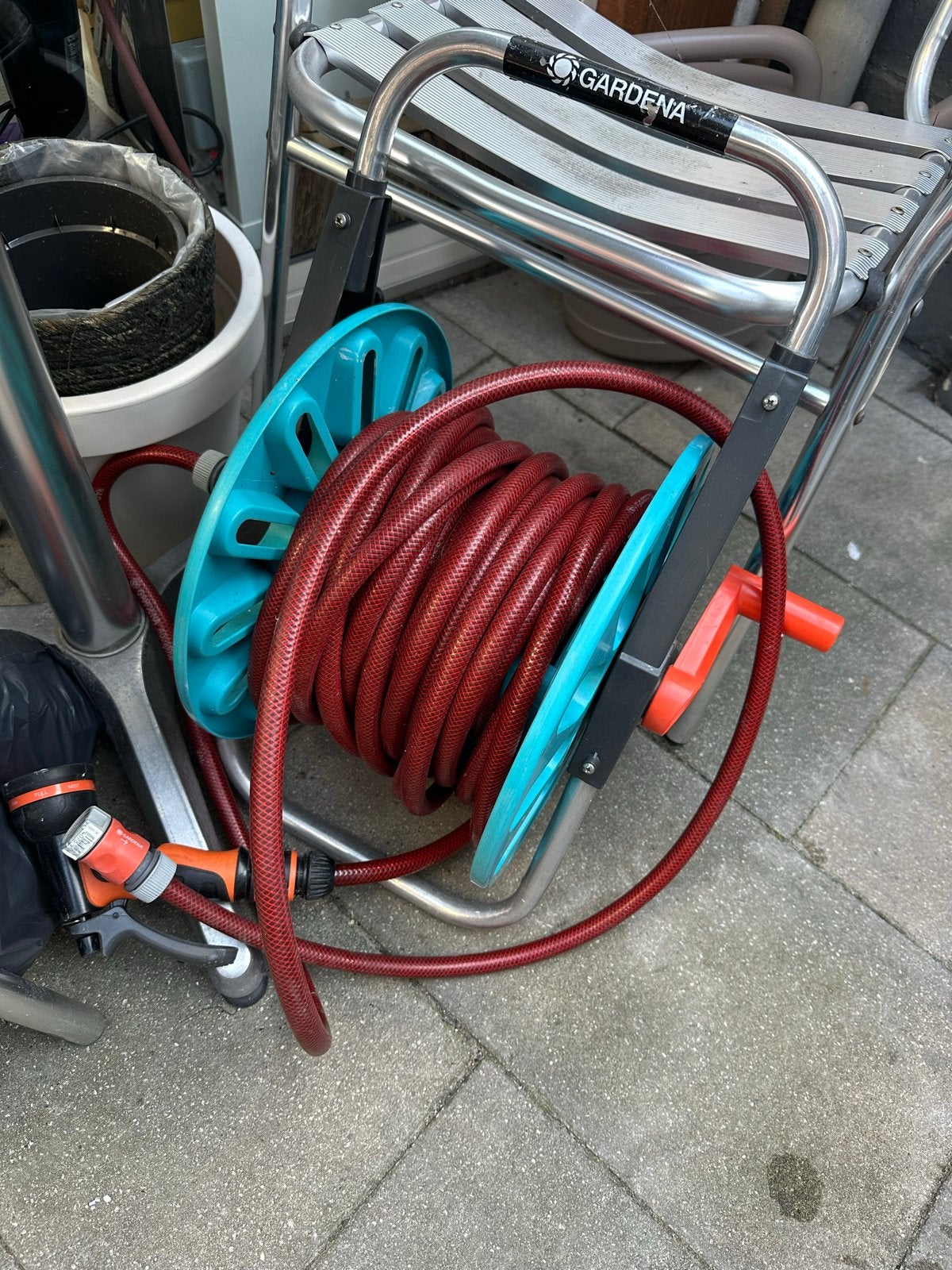 Gardena slanghaspel met tuinslang en spuitstuk, Tuin en Terras, Tuinslangen, Ophalen, Gebruikt, Tuinslanghaspel