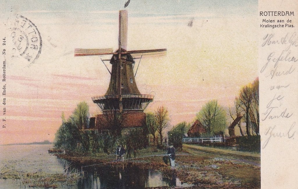 742Y Rotterdam-Kralingen, Plaszoom, molen, 1904, hengelaars, Ophalen of Verzenden, Voor 1920, Gelopen, Zuid-Holland