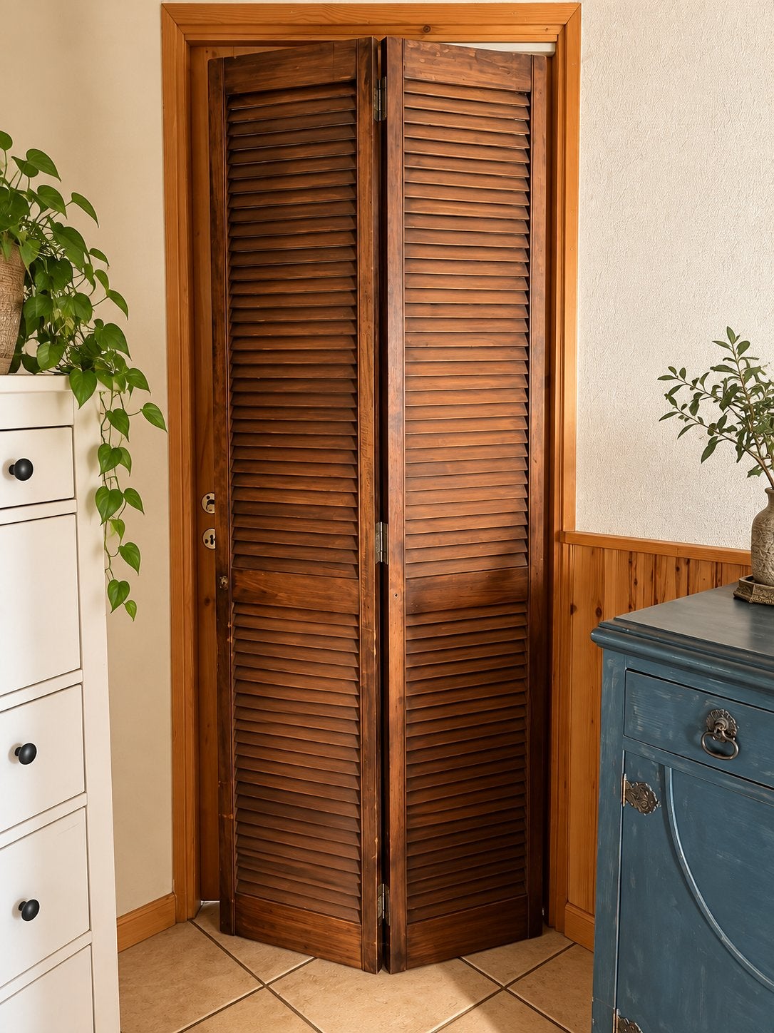 Vintage houten louvre kamerscherm / roomdivider – 2-luik, Ophalen, Zo goed als nieuw