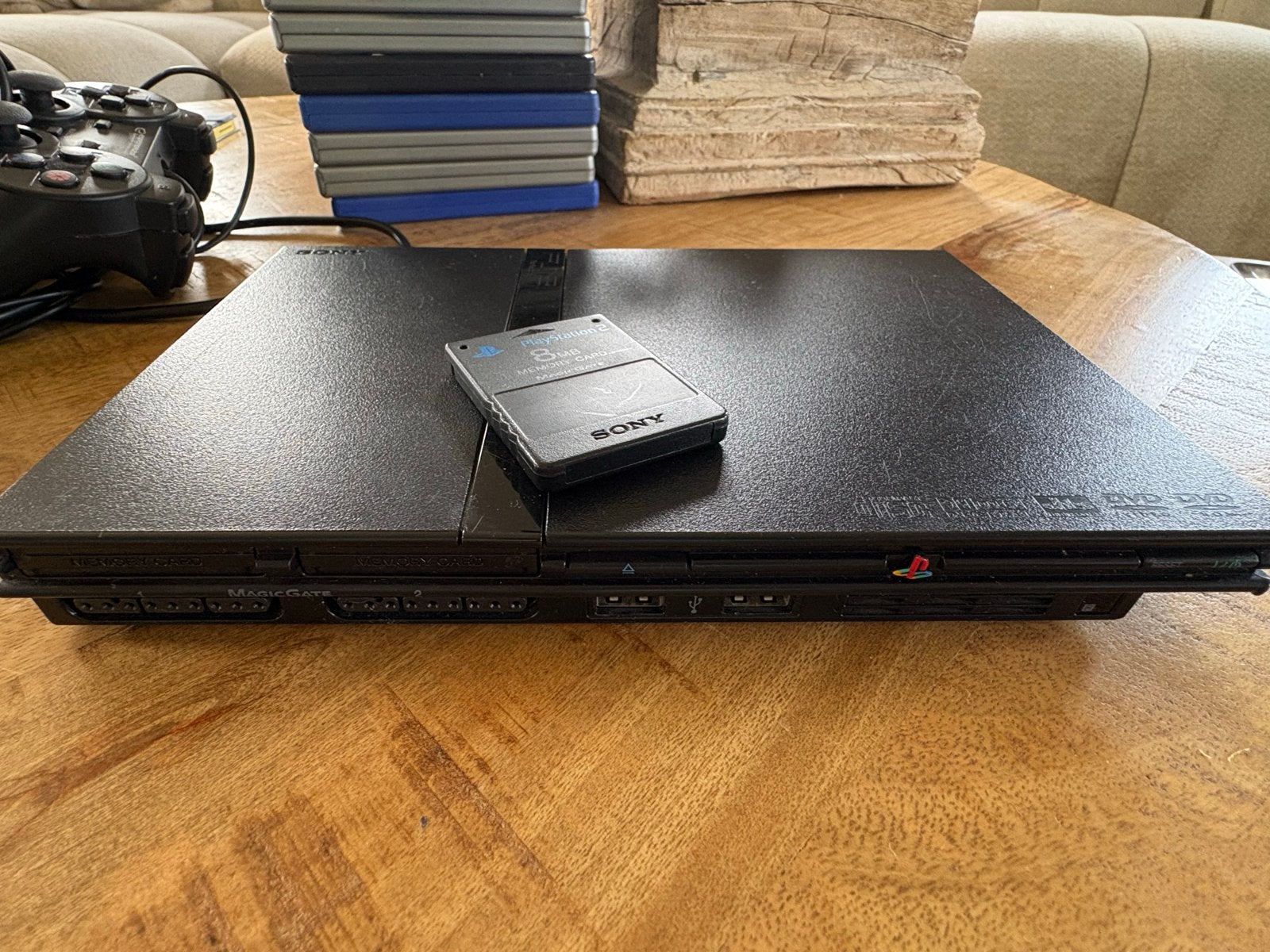 Playstation 2 met controller, memory card en HDMI upscaler, Gebruikt, Zwart, Ophalen of Verzenden, Met geheugenkaart