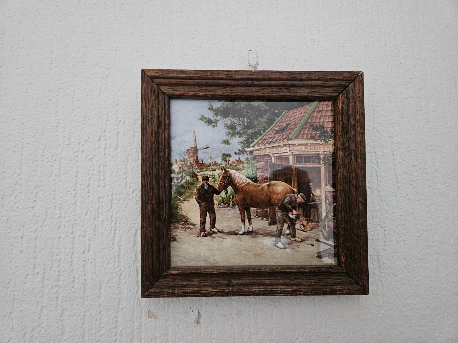 Vintage schilderij hoefsmid met paard en molen, Minder dan 50 cm, Gebruikt, Ophalen of Verzenden, Schilderij