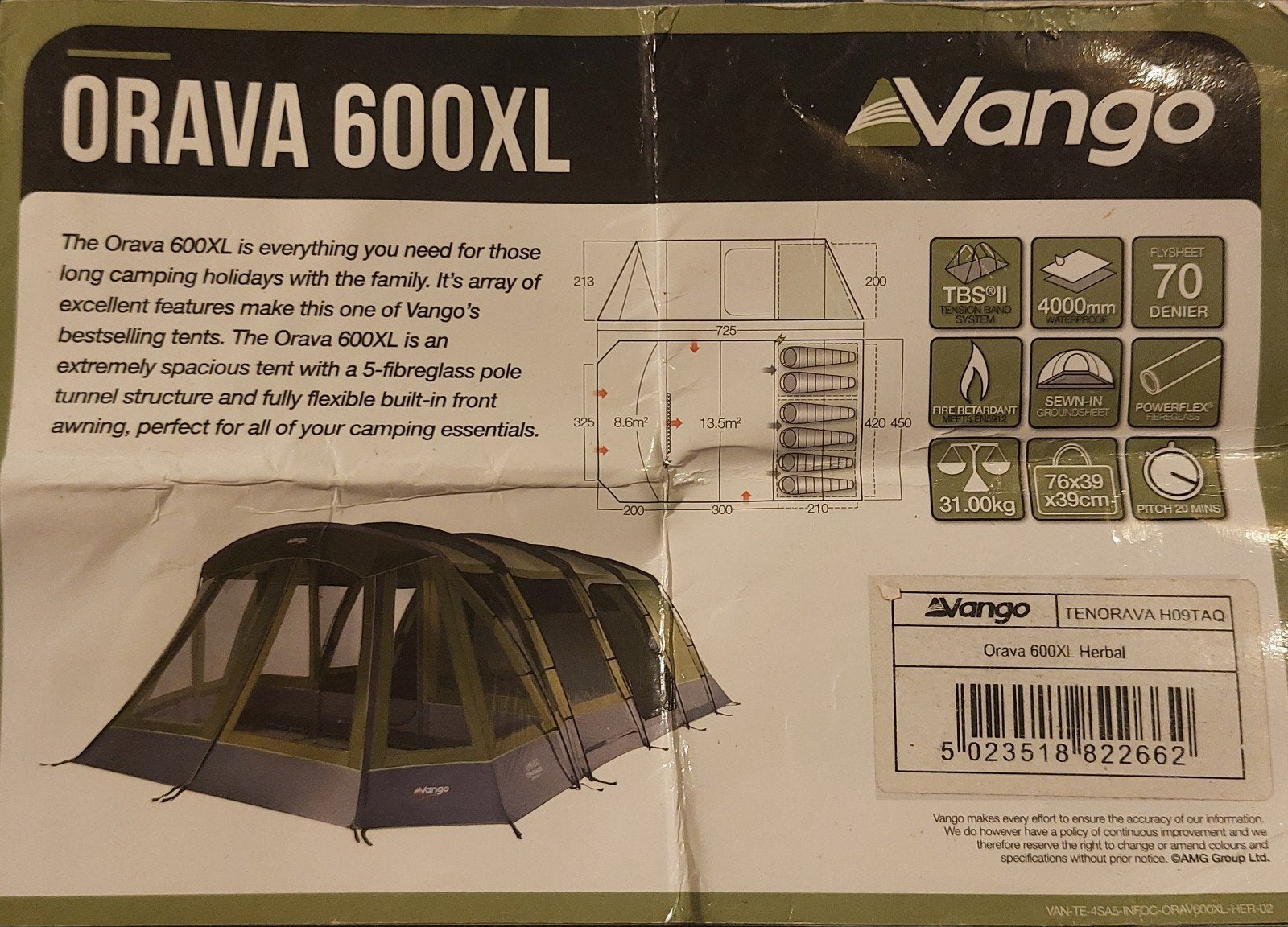 Tent Vango Orava 600XL Herbal 2018, Ophalen, Zo goed als nieuw, Tot en met 6