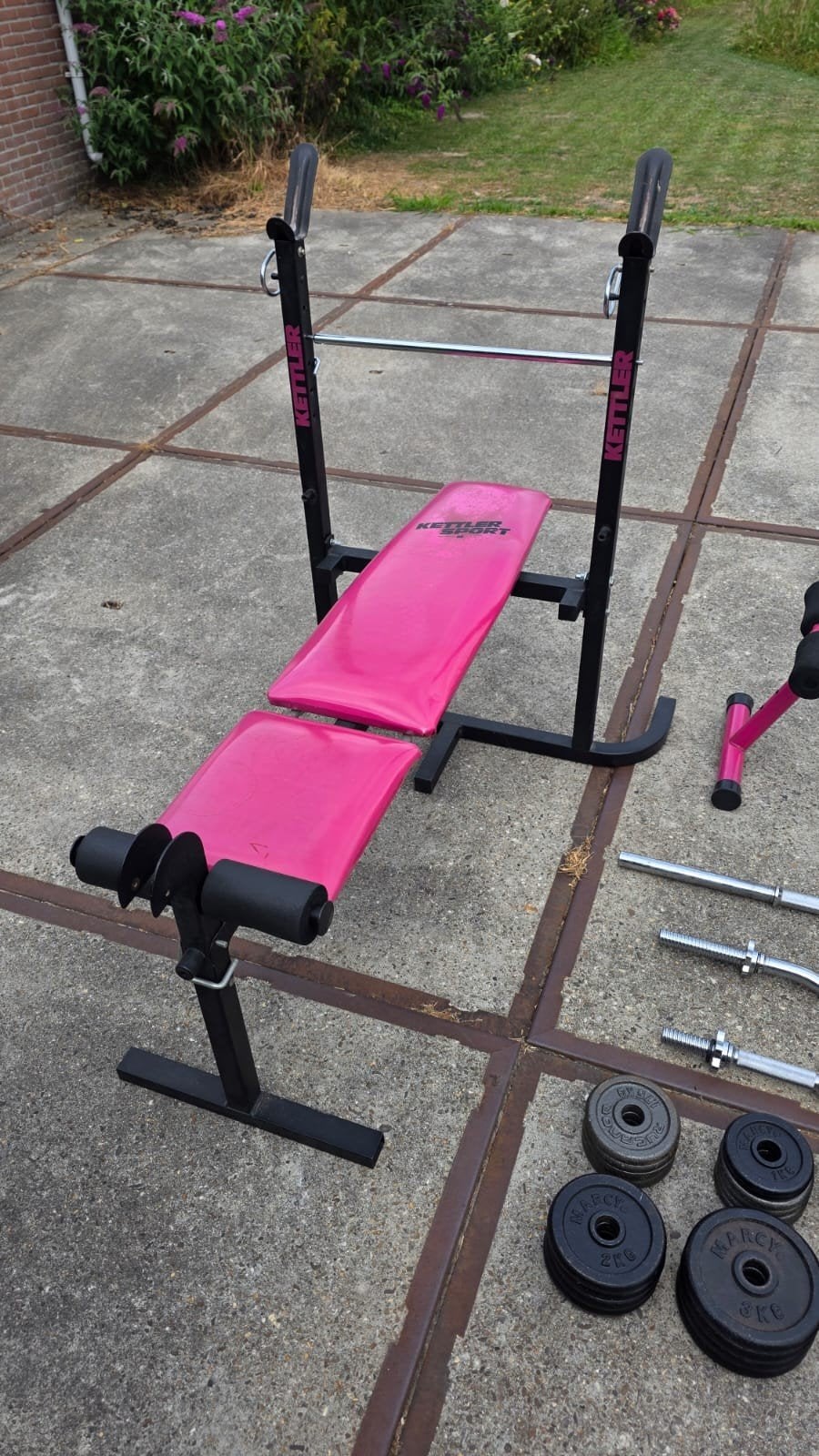 Bankdruk bank, Halterstangenset en 120kg aan gewichten, Ophalen, Gebruikt, Rug, Fitnessbank