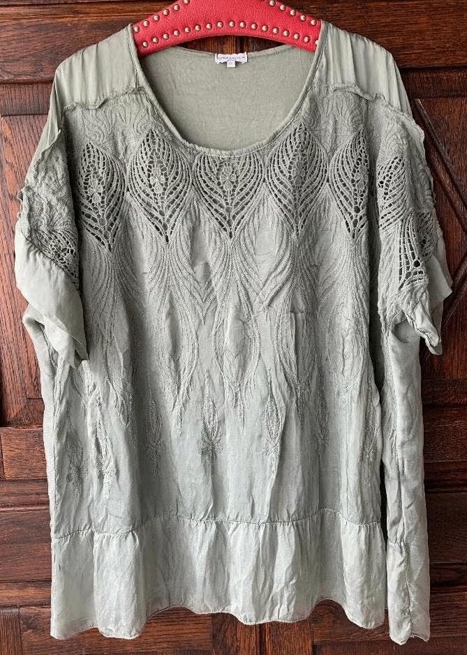 Oud-groene kant blouse, tuniek, bloes, top; XXL; Gina Laura, Kleding | Dames, Ophalen of Verzenden, Zo goed als nieuw, Groen, Blouse of Tuniek