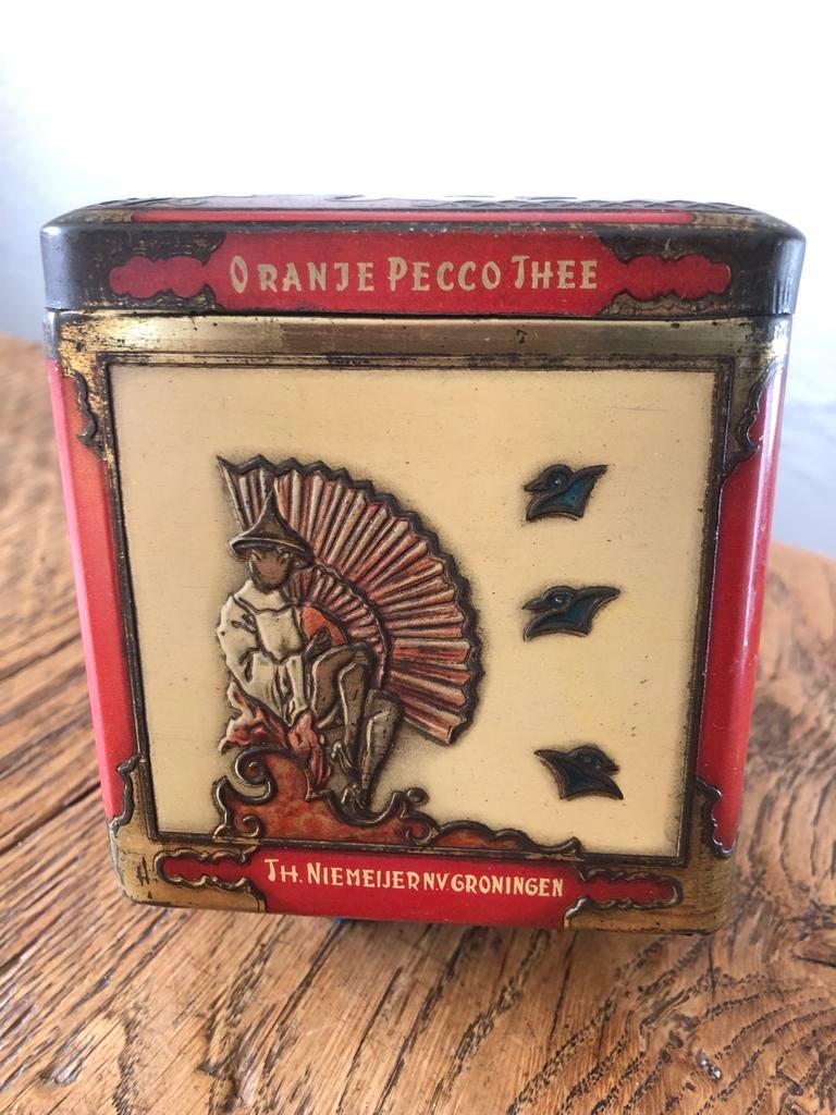 4 Oude blikken  Oranje Pecco Thee Th. Niemeyer Groningen, Ophalen of Verzenden, Gebruikt, Thee, Overige merken
