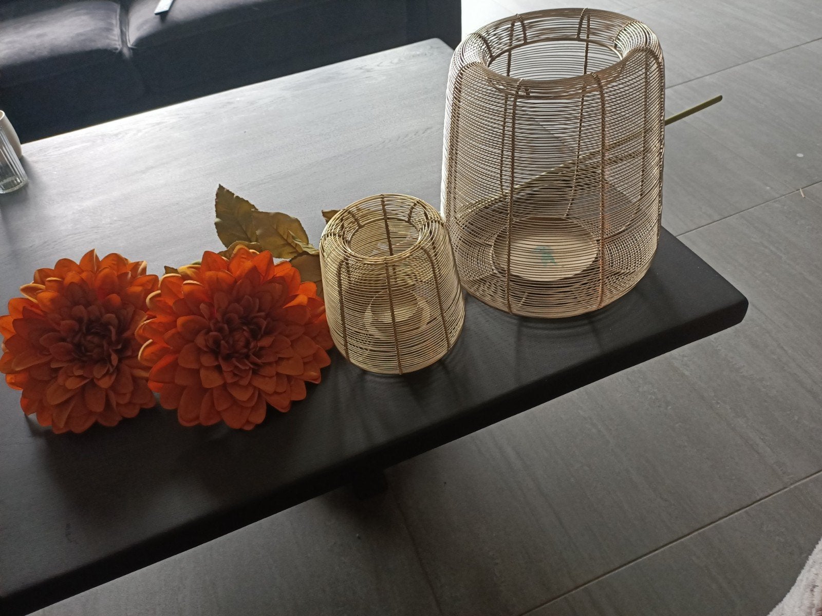 Set van 2 gouden draadwindlichten - 60 en 40 cm hoog, Windlicht, Ophalen of Verzenden, Zo goed als nieuw, Metaal