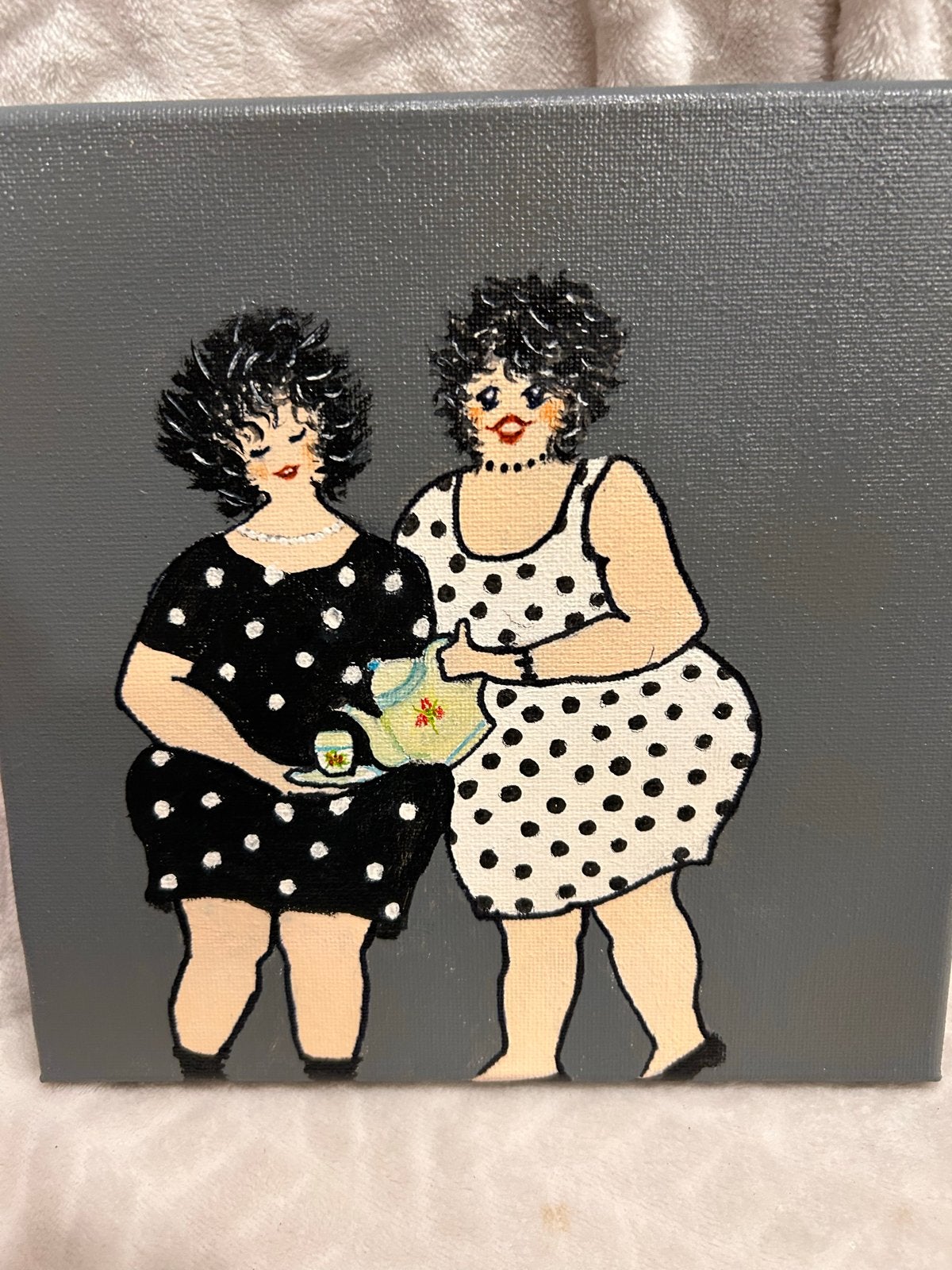 20x20 cm Dikke Dames Look-alike Schilderijtjes, Antiek en Kunst, Handgeschilderd, Ophalen of Verzenden, Textiel, Figuren