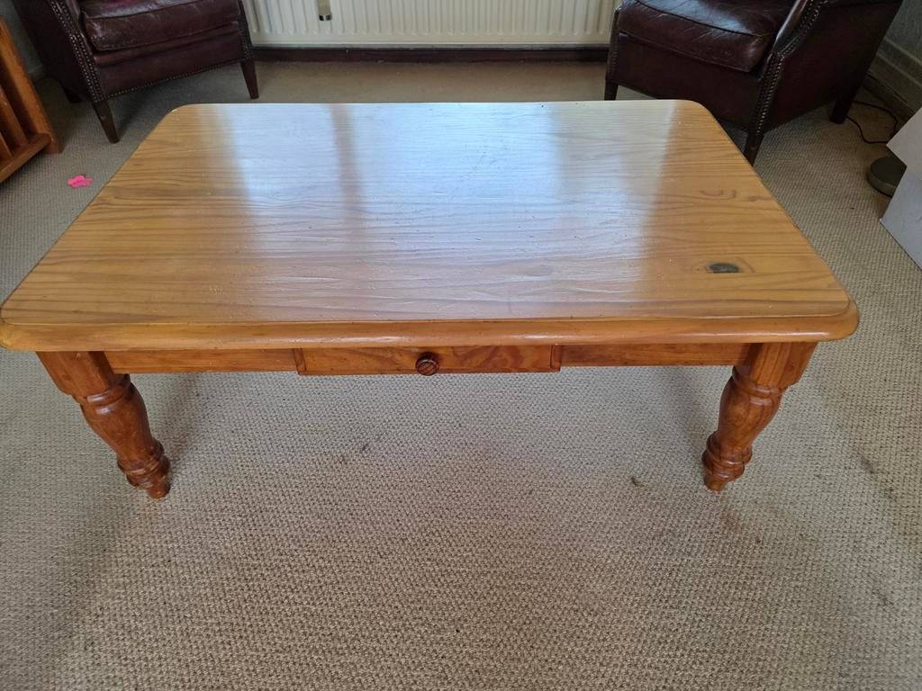 Grenen salontafel met lade, Ophalen, Gebruikt, 100 tot 150 cm, Vierkant