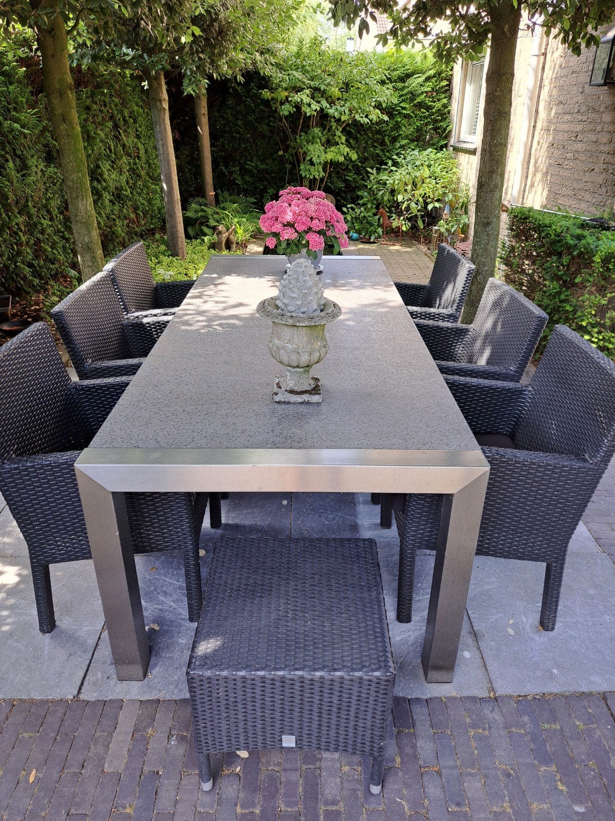 Luxe tuinset, granieten blad in RVS frame, 6 stoelen, Tuin en Terras, Ophalen, Gebruikt, 6 zitplaatsen, Wicker