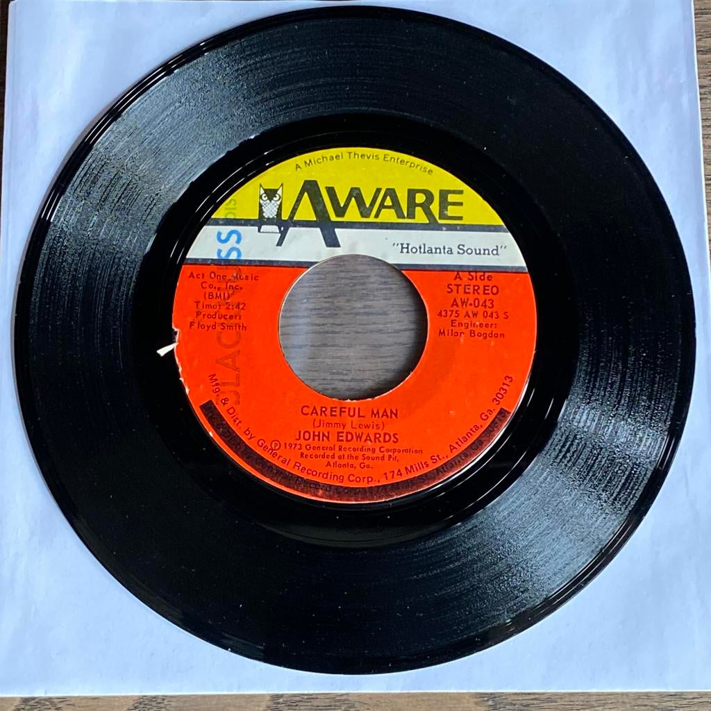 7" John Edwards - Careful Man / Claim Jumpin' (Aware AW-043), Ophalen of Verzenden, Gebruikt, R&B en Soul