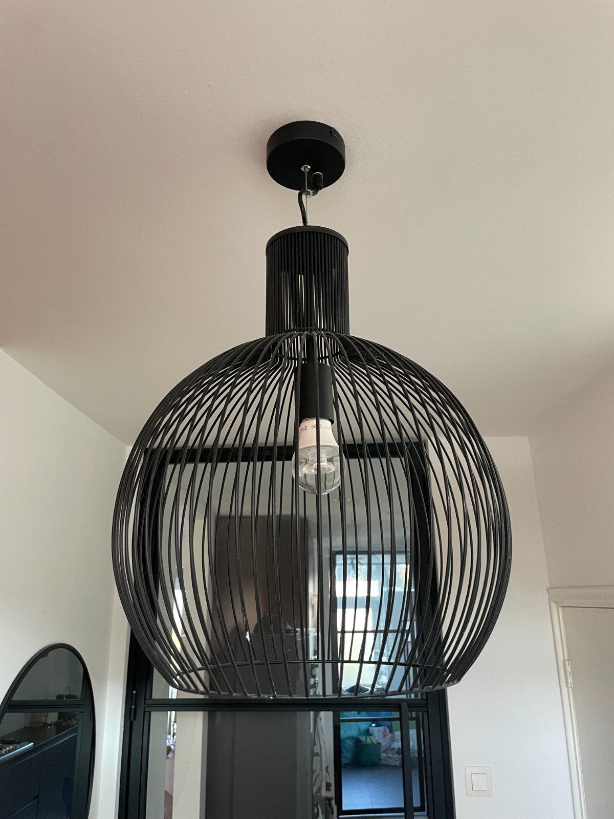 Hanglamp rond zwart metaal, Ophalen, Zo goed als nieuw, Metaal, E27 (groot)