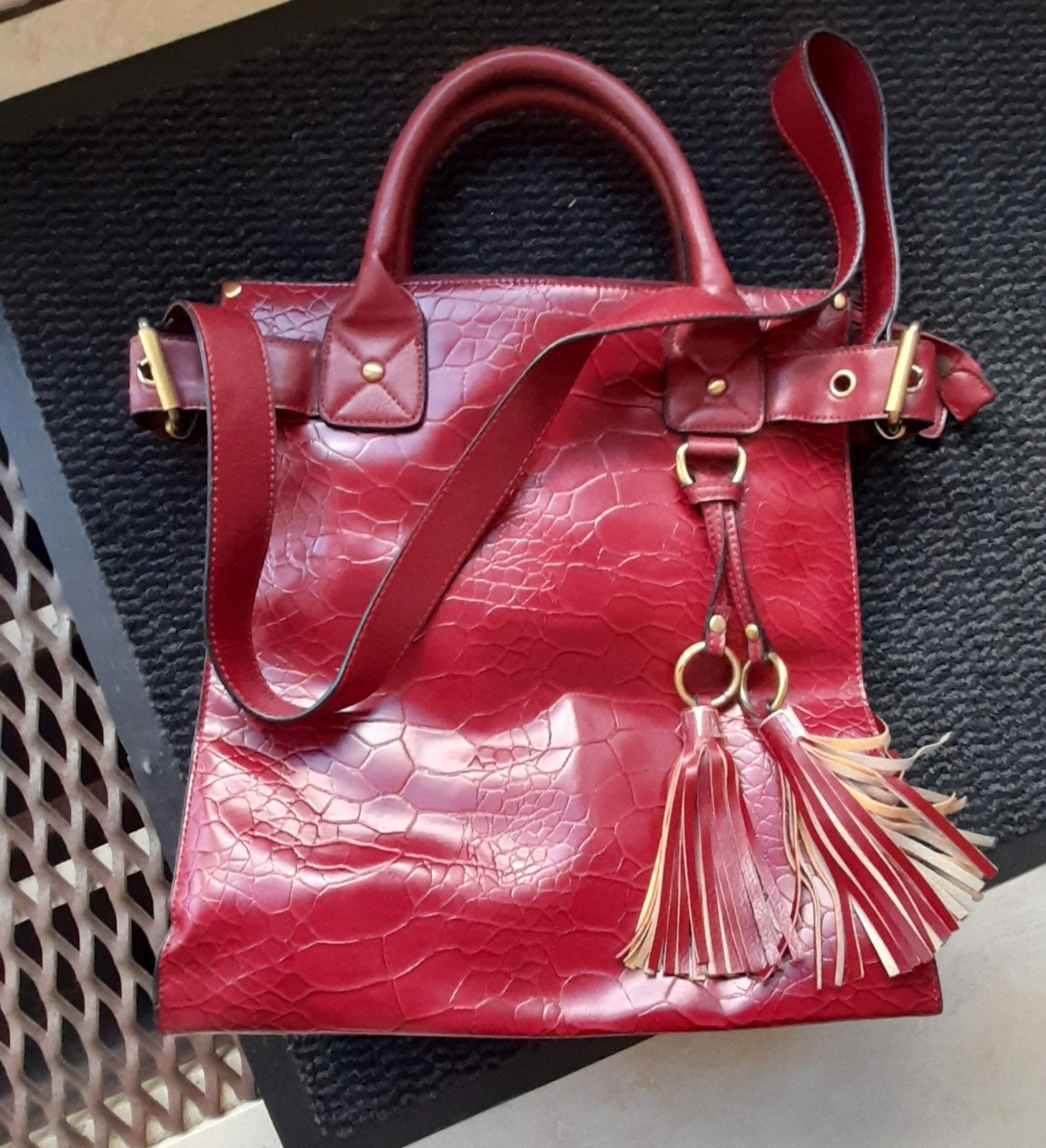 Echte rode leren dames tas met chroco print., Ophalen, Zo goed als nieuw, Rood, Handtas