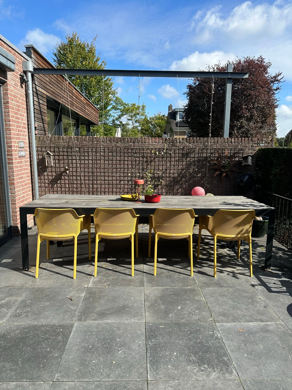 Tuintafel set Azobé tafelblad stalen frame 300x100, Ophalen, Gebruikt, Rechthoekig, Hout