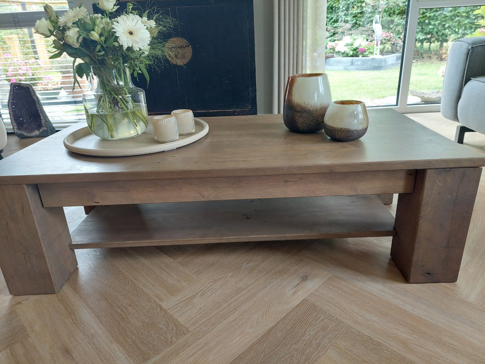 mooie eiken greywash... salontafel 140x70, Ophalen, 100 tot 150 cm, 50 tot 100 cm, Zo goed als nieuw