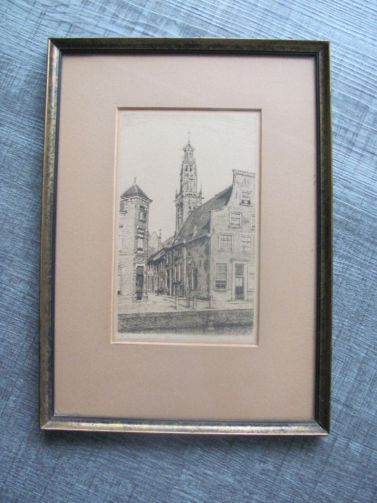 Haarlem Bakenesserkerk - ets van Georg Keens, Ingelijst, Ets, Stadsgezicht, Ophalen of Verzenden